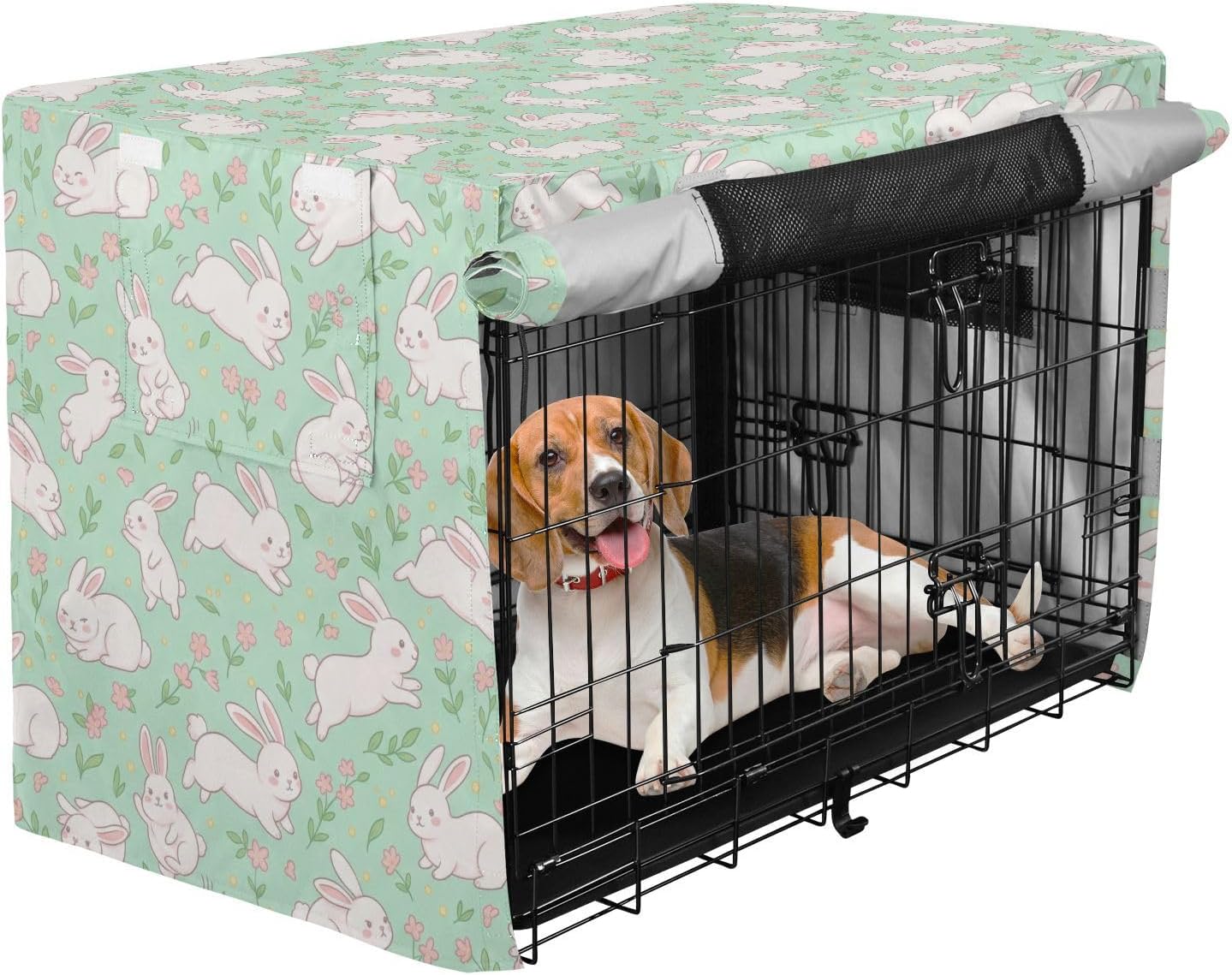 Duty 600D Silver Coated Dog Crate Cover, Water-Resistant Rabbits Print Pet Kennel Canopy with Mesh Windows for Optimal Ventilation, Universal Fit for Standard Wire Cage, Indoor & Travel