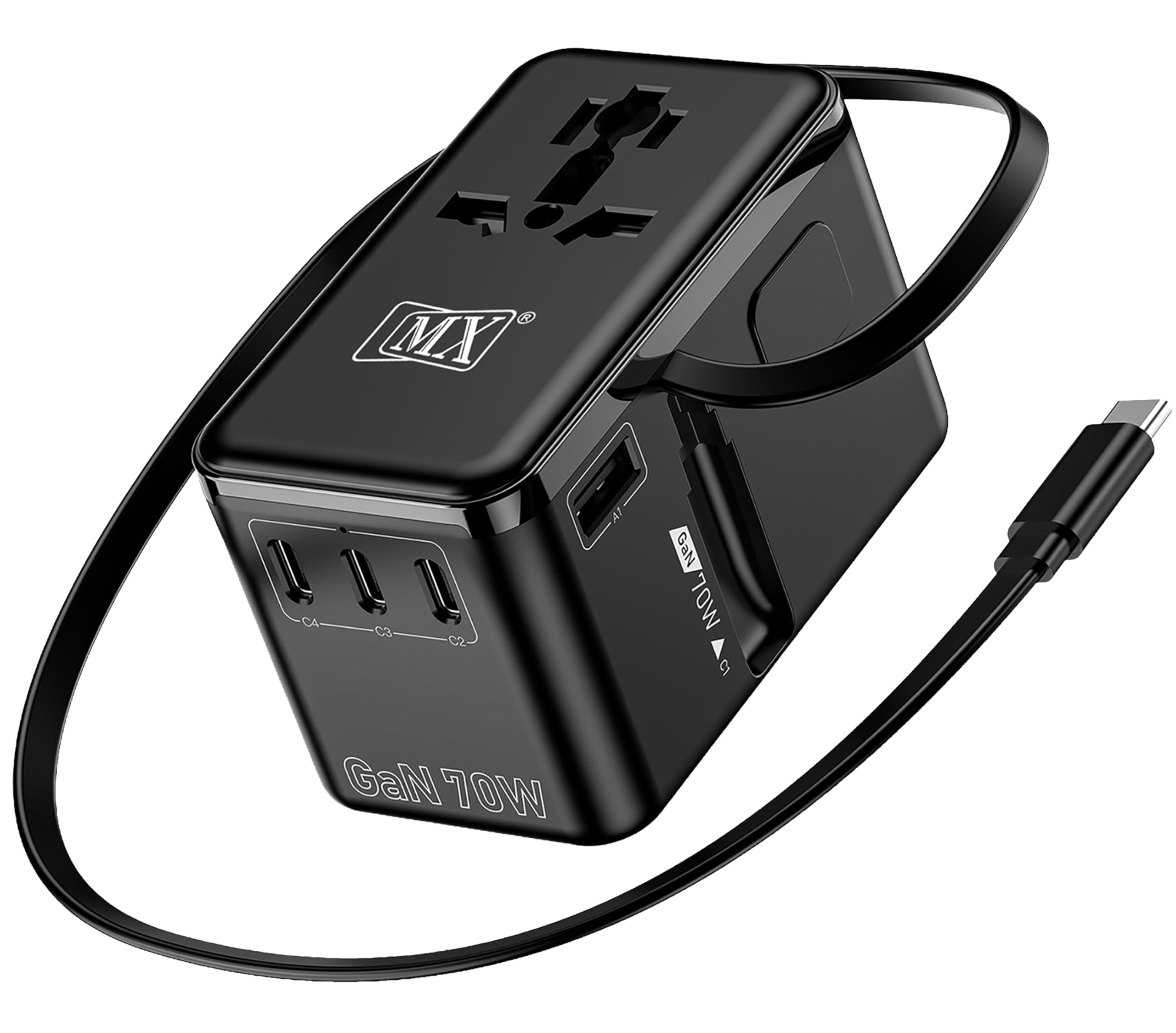 MX GaN 70W Universal Travel Adapter with Retractable 54cm USB-C Cable, 3 USB-C Ports & 1 A Port, 1 Universal Socket, 6-in-1 Fast Charging International Adapter, Type A/C/G/I Output 200+ Countries-picture-44
