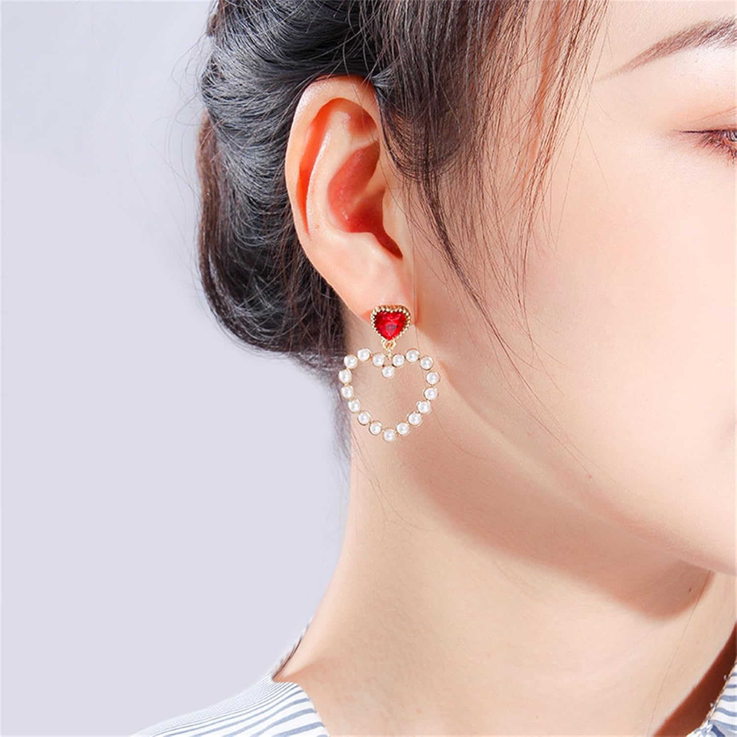 WCRAZYE Pearl Heart Earrings for Women Girls Dainty Handmade Gold Pearl Red Diamond Love Heart Shape Dangling Drop Tassel Earrings Gift Valentine's Day Christmas - Image 2