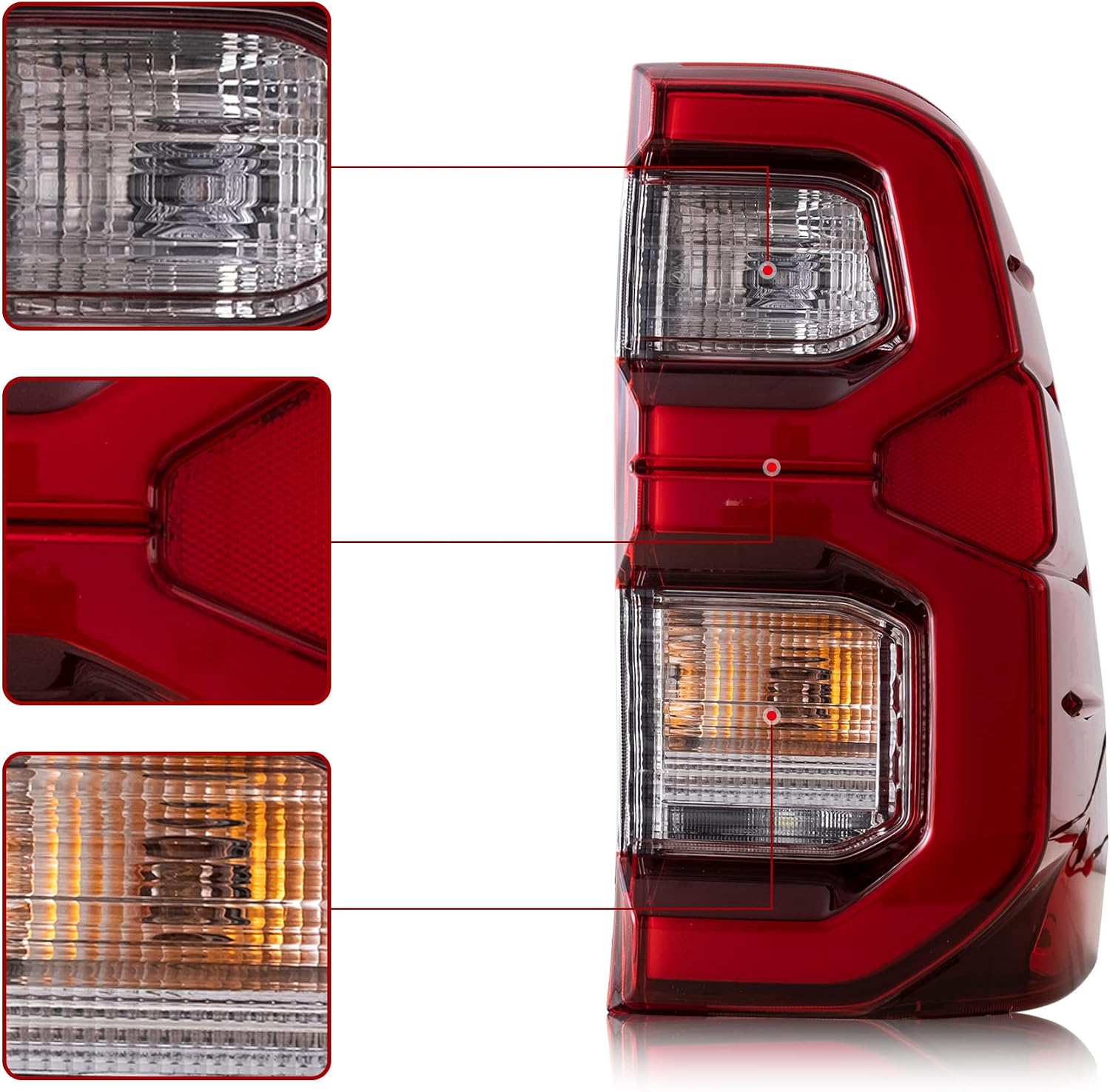 VLAND LED Red Tail Lights Compatible For [ Toyota Vigo/Hilux 2015-2020 Base, Chasis, Doble Cab, SR, DLX ] W/LED Running lights, Brake light, Turn Signal & Reverse lights, Not For HiLux Tonka