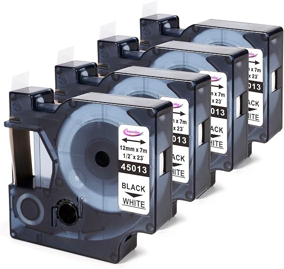 Anycolor 45013 Label Tape Replace for Dymo D1 Label Tape a45013 S0720530 | Black on White 12mm for LabelManager 160 280 420P 210D 360D PnP COLORPOP Label Maker 12 In x 23 Ft 4 Pack