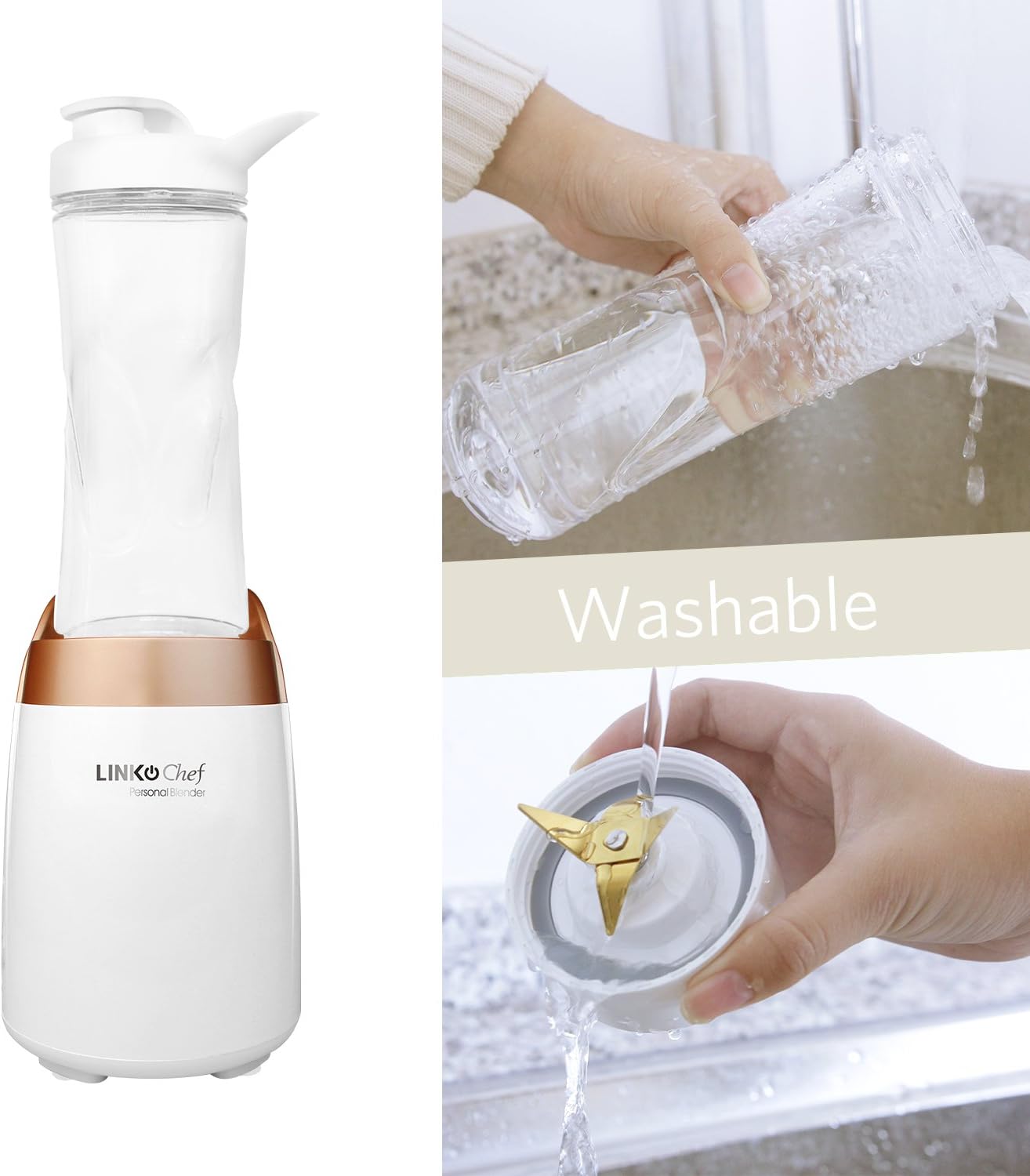 Cleaning instructions for LINKChef blender: washing the bottle and rinsing the blade assembly under water