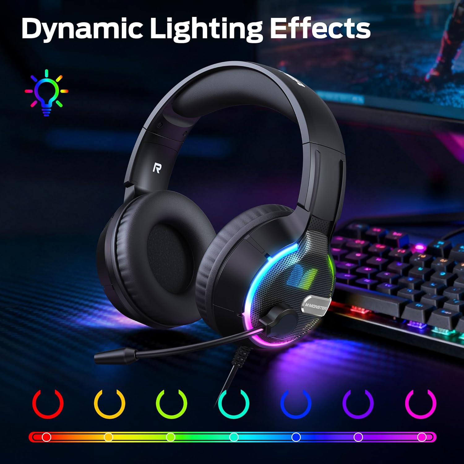 Monster Mission 320 Gaming Headset displaying dynamic RGB lighting effects on its earcups