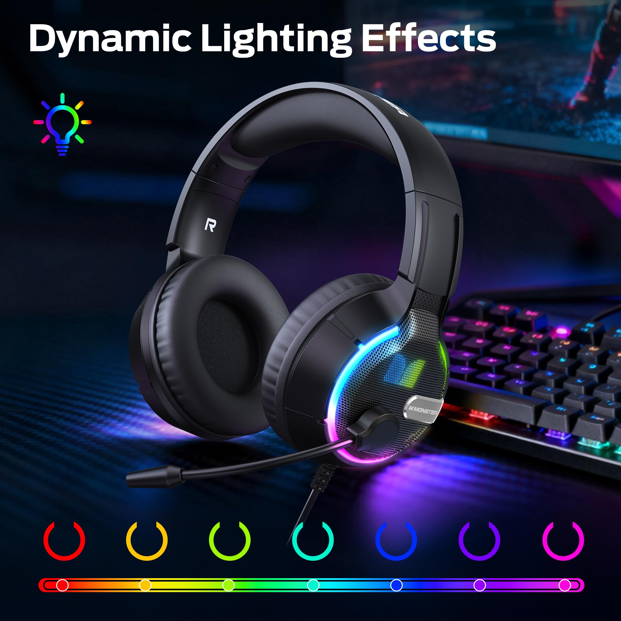 Monster Mission 320 Gaming Headset for PS5, PS4PC,Switch,Noise Cancelling Over Ear Headphones with Mic, LED Light, 7.1 Surround Sound,Gifts — view 6