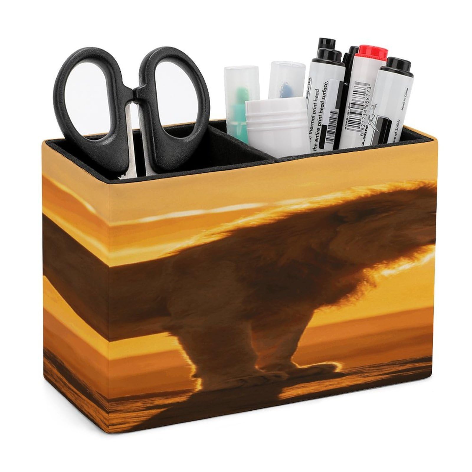 LZQPOEAS Lion at Sunset Pen Holder Double Compartments Pen Cup Makeup Brush Holders Leather Pencil Holder Locker Organizer for Work Locker Accessories Modern Pencil Cup for Desk