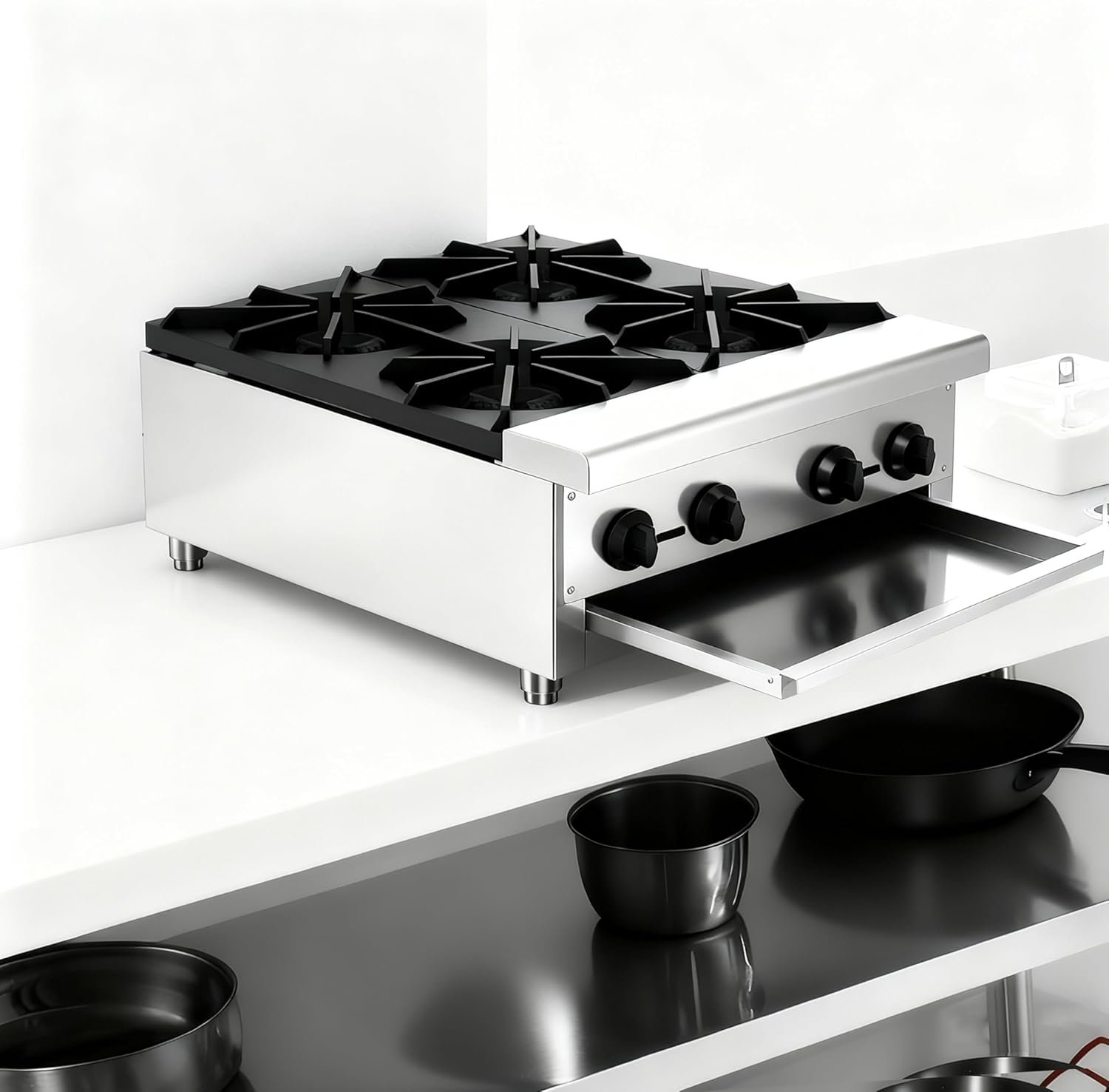 Commercial Gas Stove with 4 Burners Propane & Natural Gas Countertop Cooking Stove Range Stainless Steel Hot Plate Stainless Steel Commercial Cooking Equipment For Restaurant Kitchen 112,000 BTU