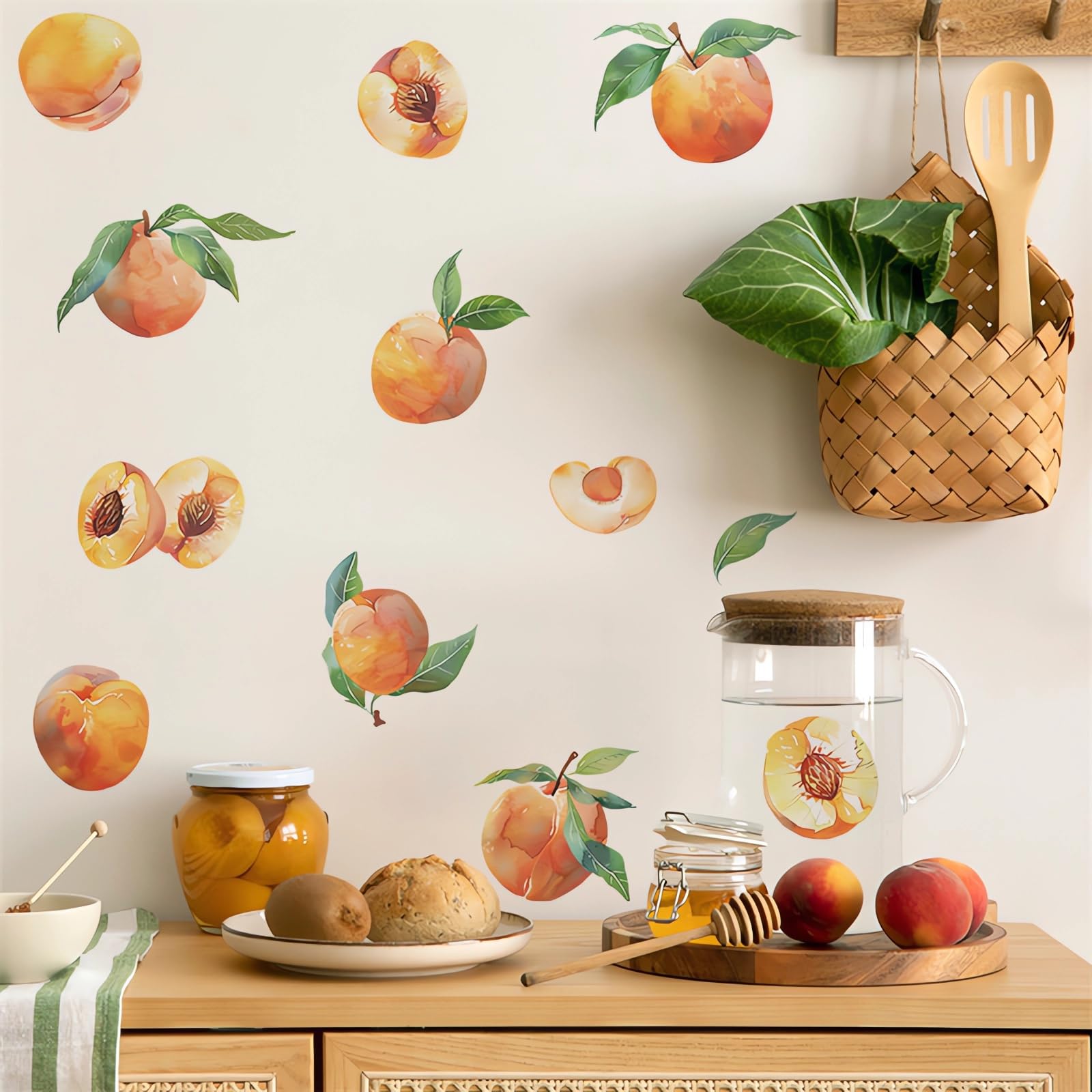 11 Pcs Peaches Wall Stickers, sacinora DIY Peach Fruit Art Wall Decals Removable Vinyl Peel and Stick for Kitchen Dining Room Restaurant Bar Furniture