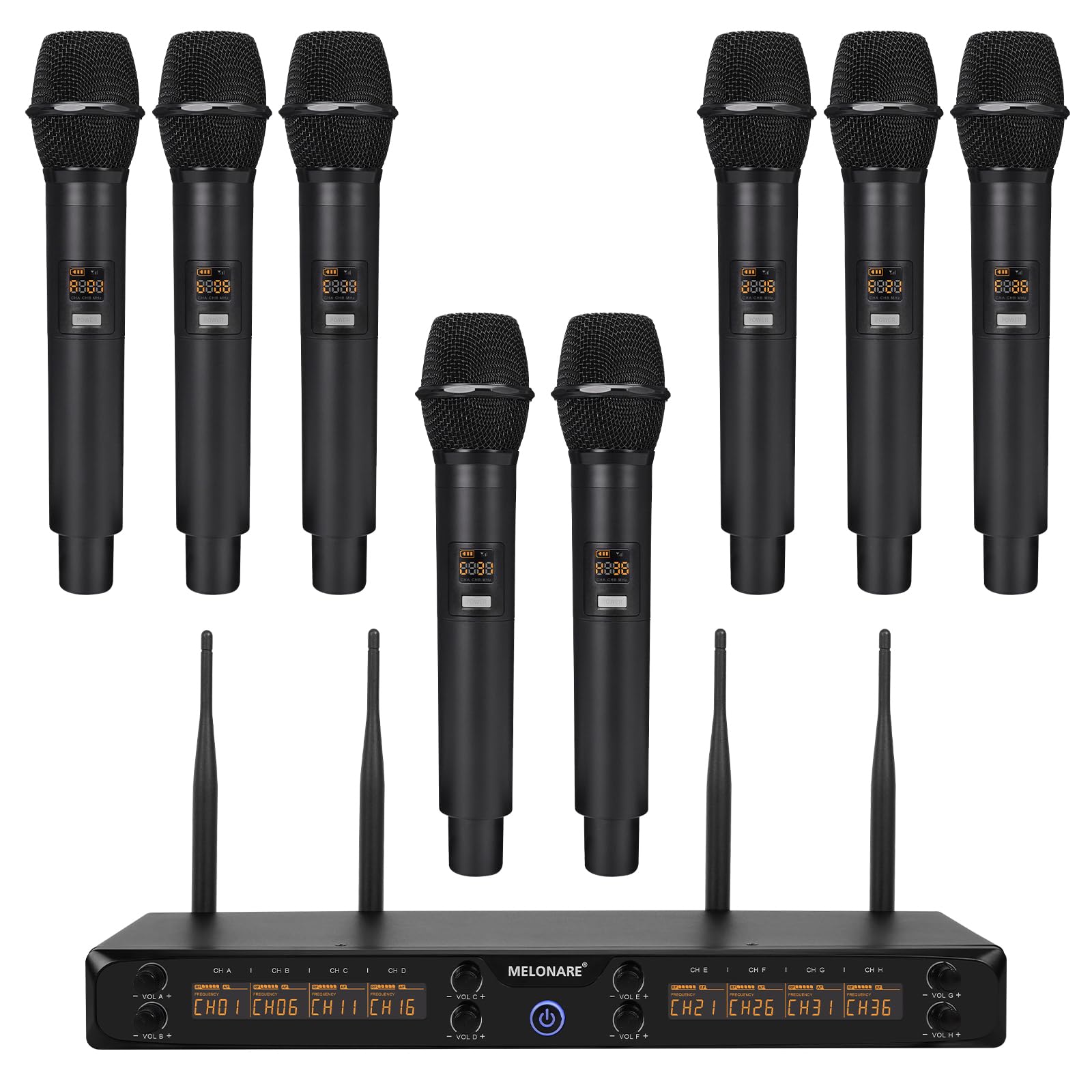 MELONARE Sistema di microfoni wireless UHF 500MHz a 8 canali MWM-81F | 8 x 5 frequenze, portata 73,2 m, microfoni dinamici a mano, canto, karaoke, chiesa, riunioni, matrimoni