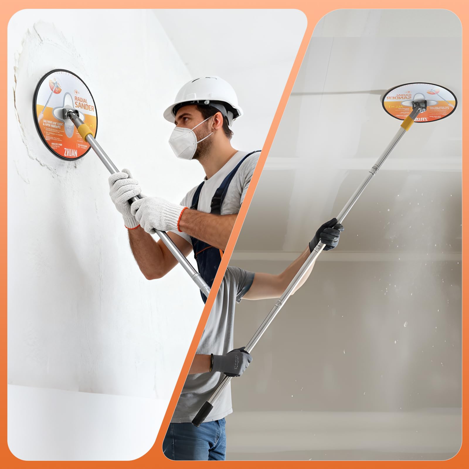 Ponceuse à Plâtre, ponceuse à tête ronde radiale pivotant à 360° avec perche d'extension et 10 feuilles abrasives (grains 80/100/120/180/240), outil de ponçage pour murs et plafonds peints