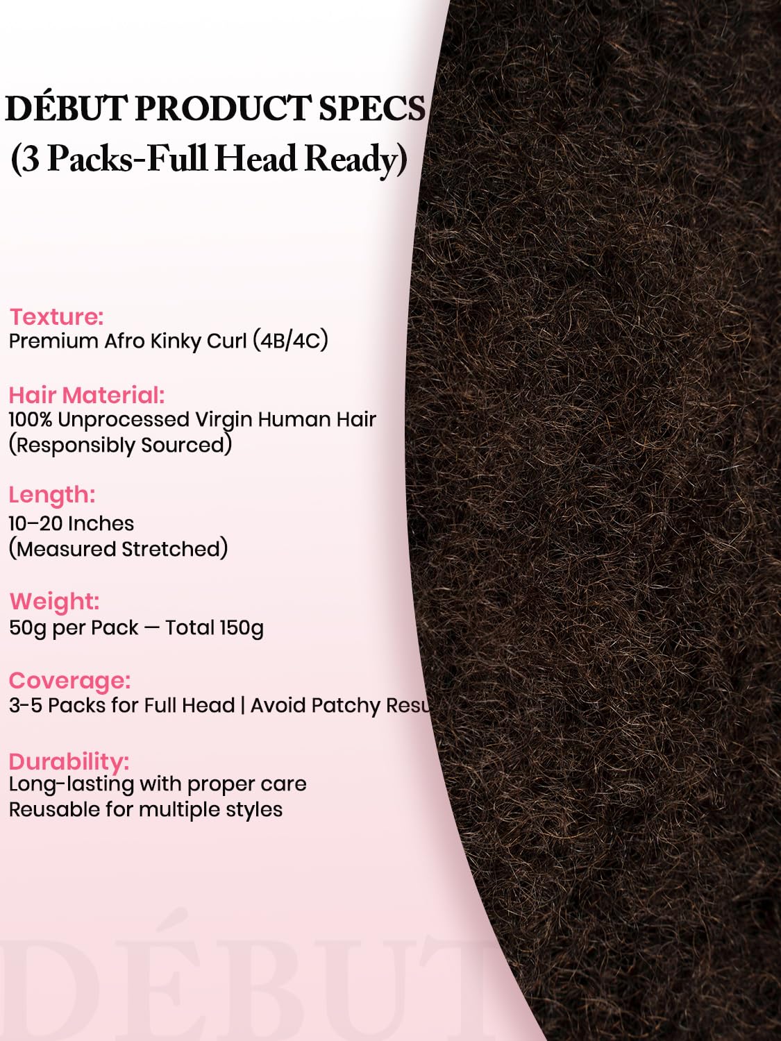 Amazon.com : DÉBUT Afro Kinky Bulk Dark Brown 100% Human  display picture 2