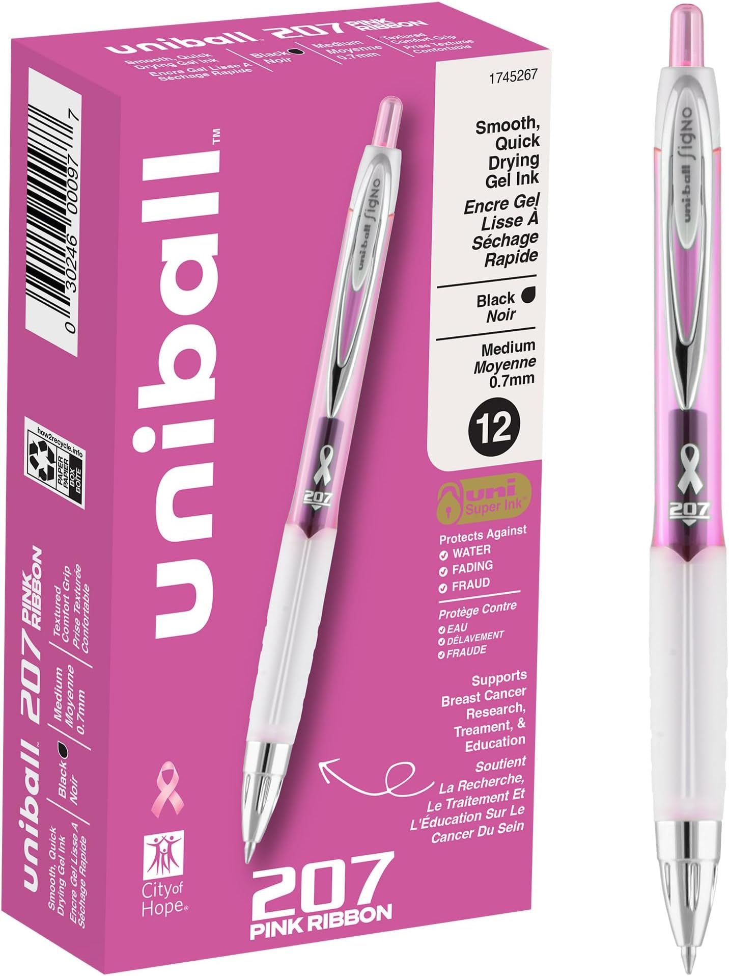 uniball 207 Pink Ribbon Retractable Gel Pens, Medium Point (0.7mm), Black, 12 Pack