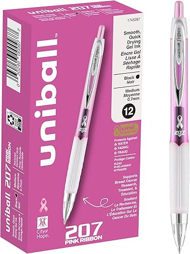 uni-ball 207 bolígrafos de gel retráctiles, punta media (0.028 in), negro, edición de cinta rosa, 12 unidades