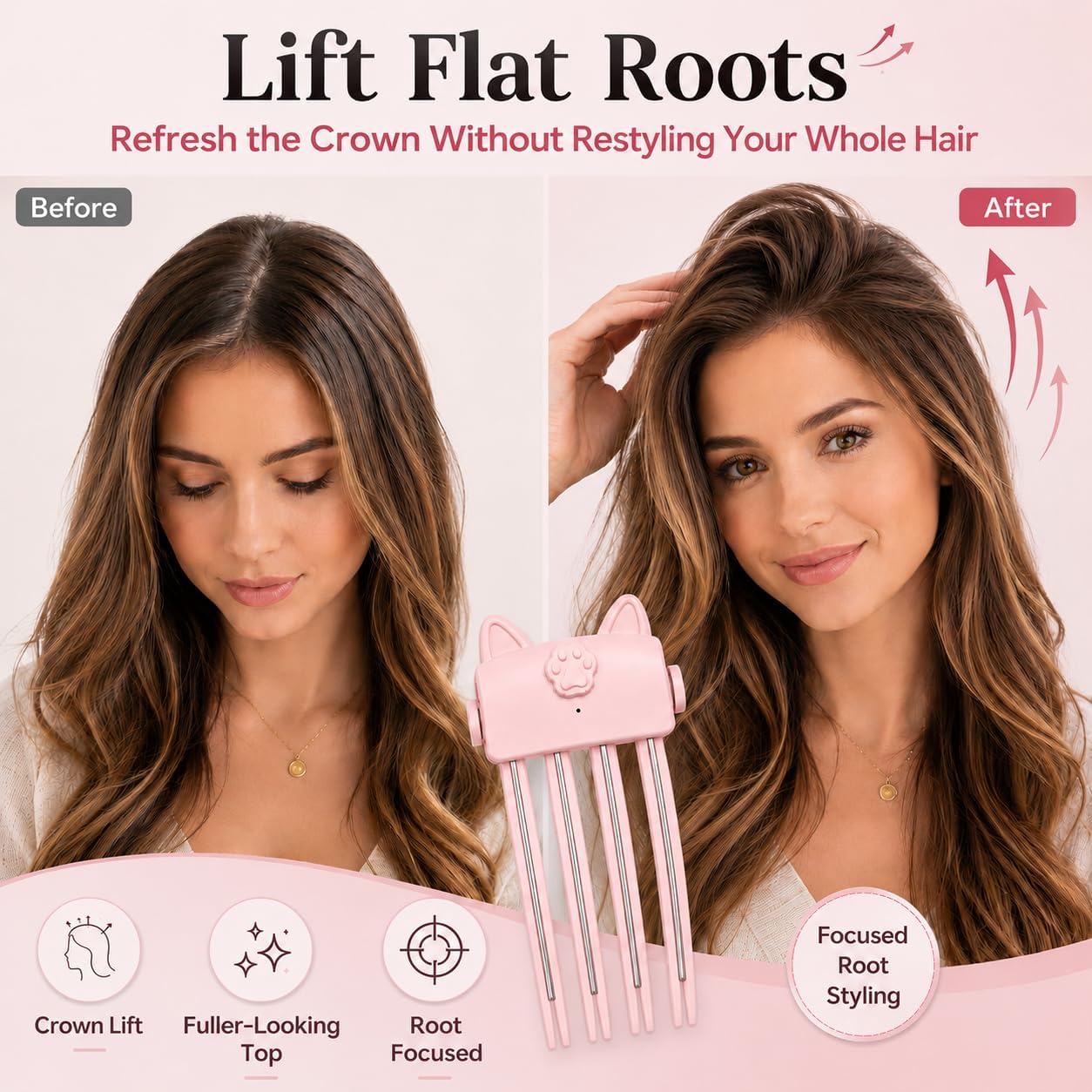 Heated Root Volumizer Clip, Cordless Root Lift Clip, Bow#1 (Pink)
