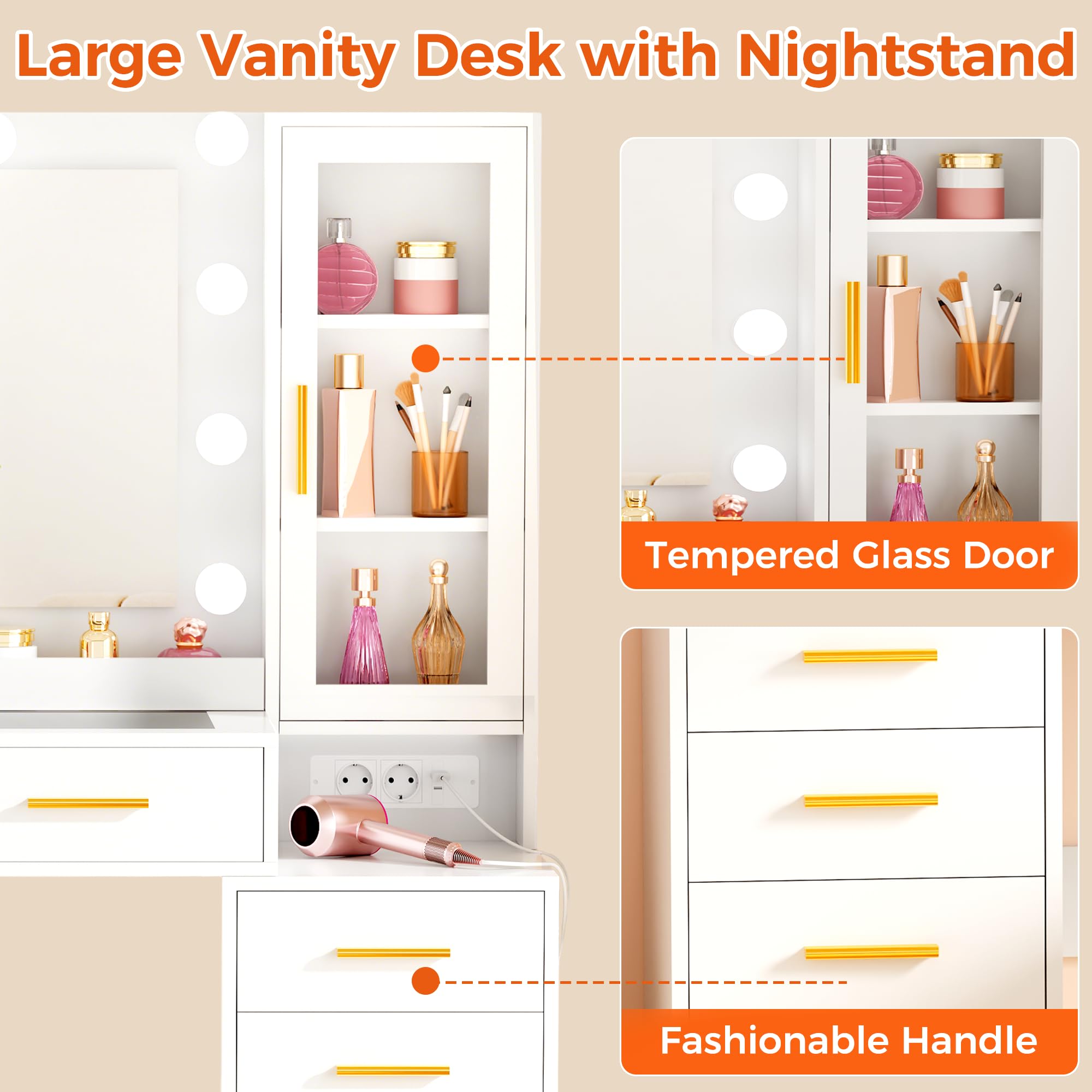 ANWBROAD 135cm Coiffeuse Moderne avec Miroir LED, Table de Maquillage avec Plateau en Verre et Prises Luminosité Réglable, Grande Blanche Coiffeuse avec 11 Tiroirs 6 Étagères pour Chambre Femme BDT23W