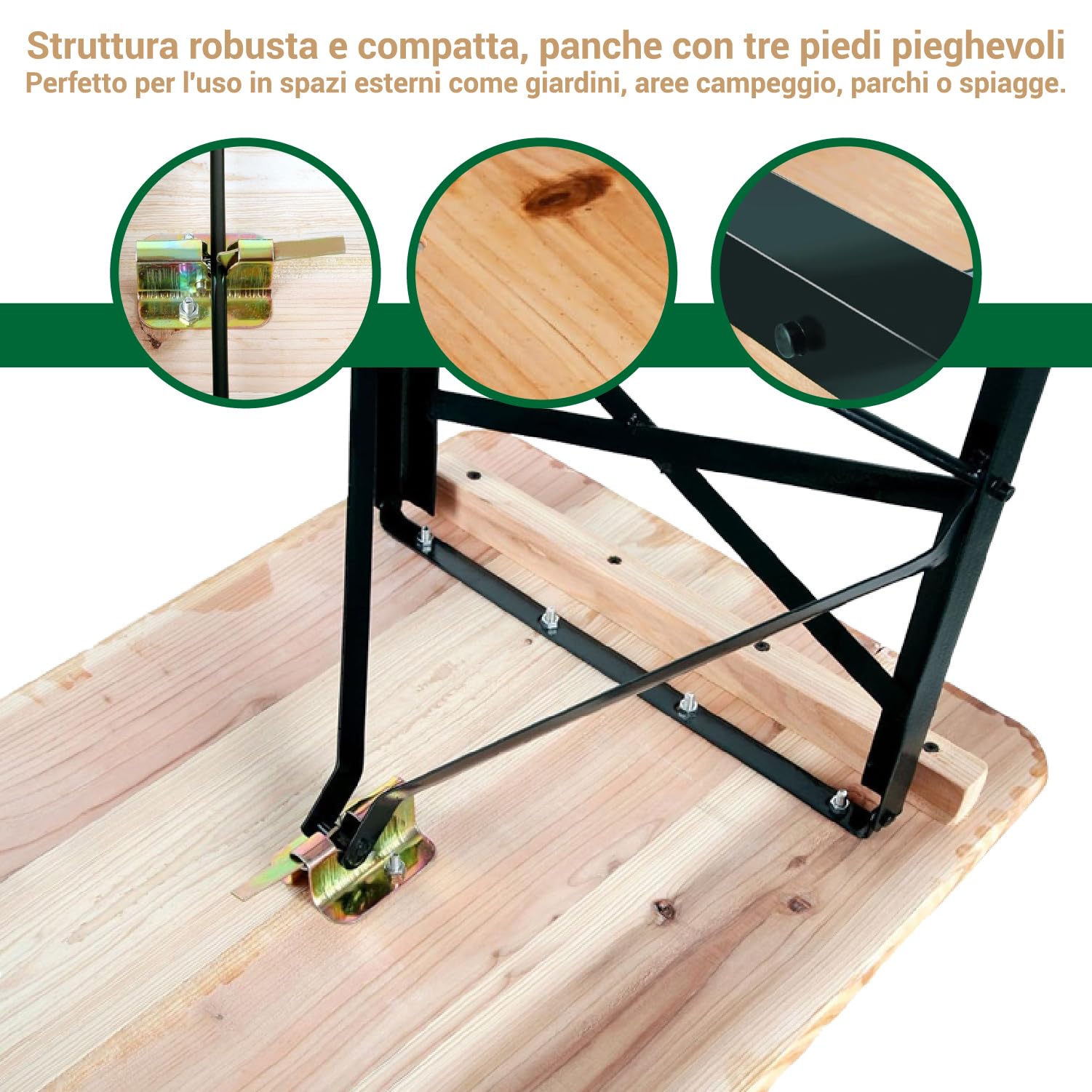 Crisalide® Set Birreria Pieghevole in Legno di Abete Tavolo 220 cm con 2 Panche Struttura in Acciaio Rinforzato 70x80 cm