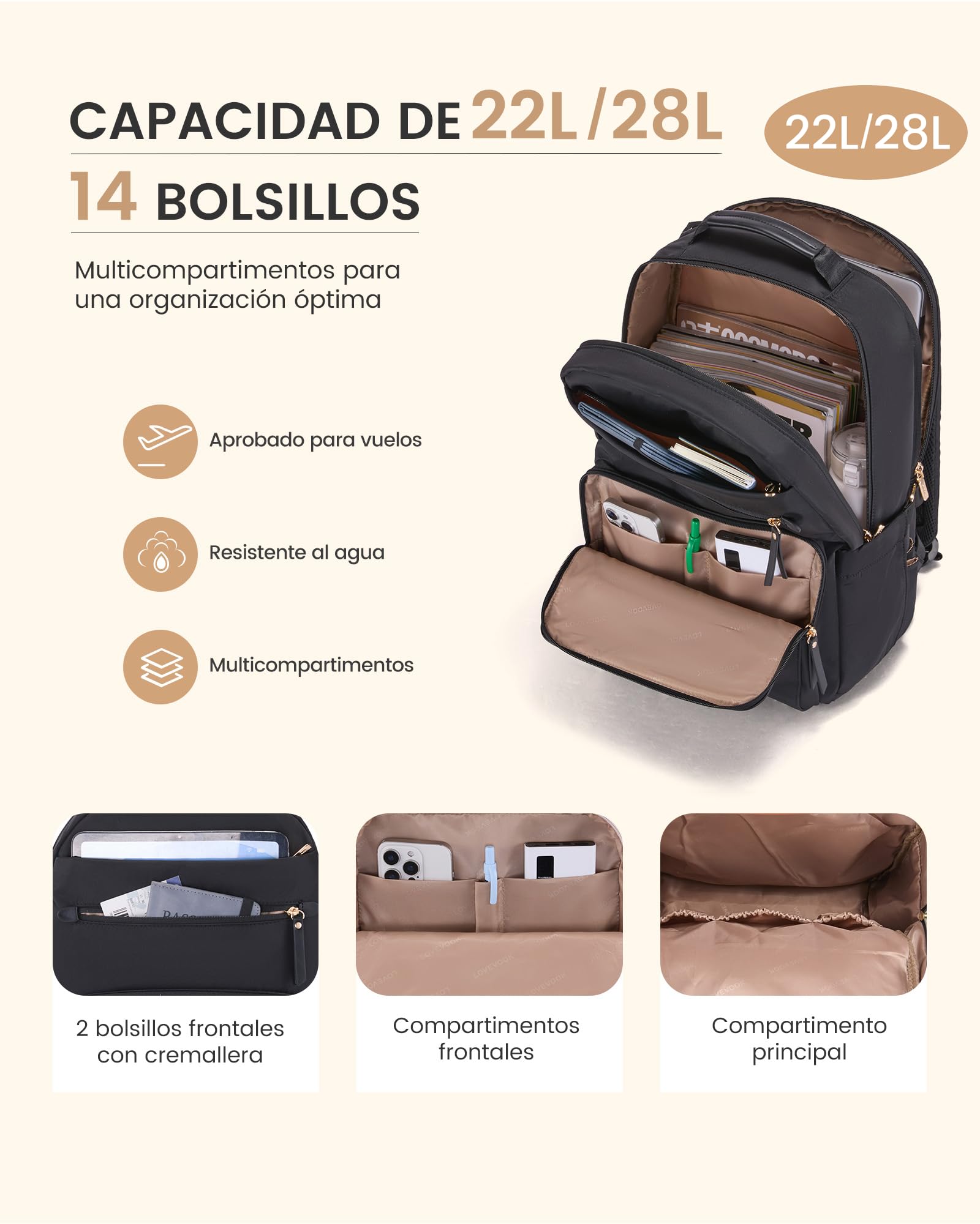 LOVEVOOK Mochila Mujer, Impermeable Mochila para Ordenador Portatil 17 Pulgadas, Casual Bolso Mochilas Trabajo Feminina Mochila PC Laptop Backpack para Oficina Viaje Escolar Universidad, Negra