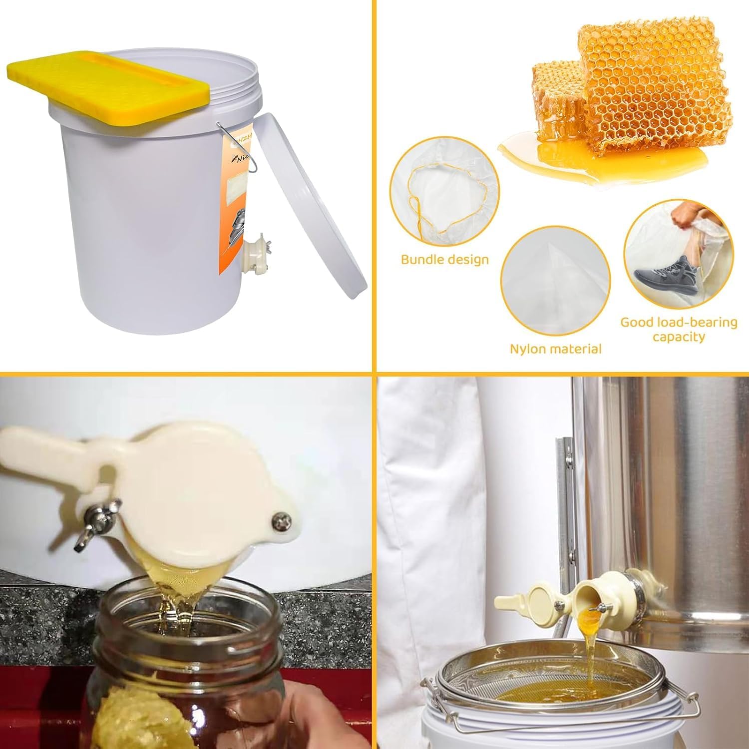 Honey Bucket 5 Gallon Beekeeping Supplies-Honey Gate & Stainless Steel Double Sieve Honey Strainer Honey Filter Bag Uncapping Tank Holder Honey Harvesting Equipment Beekeeping Kit(5 PCS/Set) | Leakproof plastic spigot|Dual stainless filter|Drawstring nylon bag|Sealed thick bucket lid|Food-grade pail material