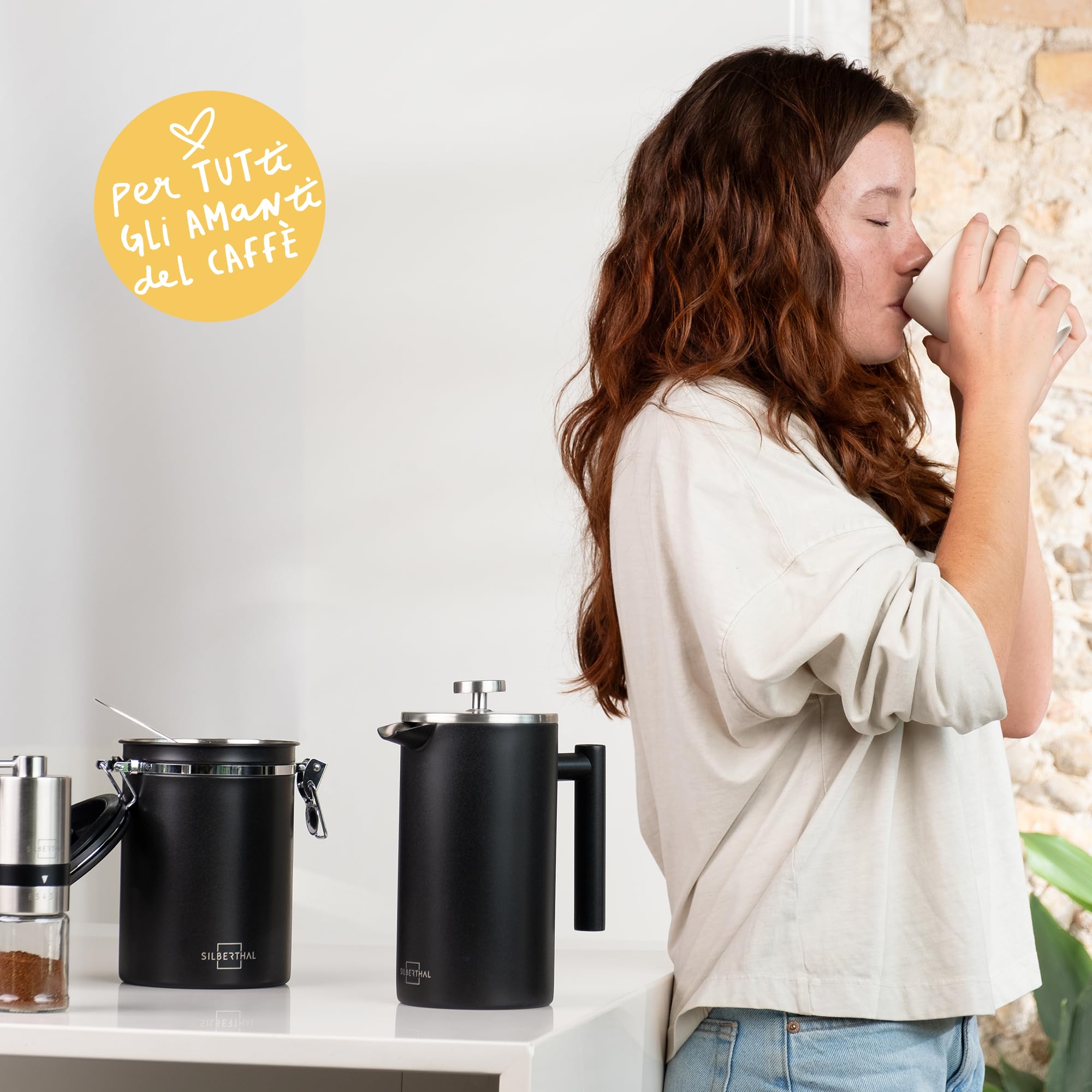 SILBERTHAL Porta caffè ermetico 500g - Acciaio inox con cucchiaio dosacaffè - Contenitore caffe in grani o macinato