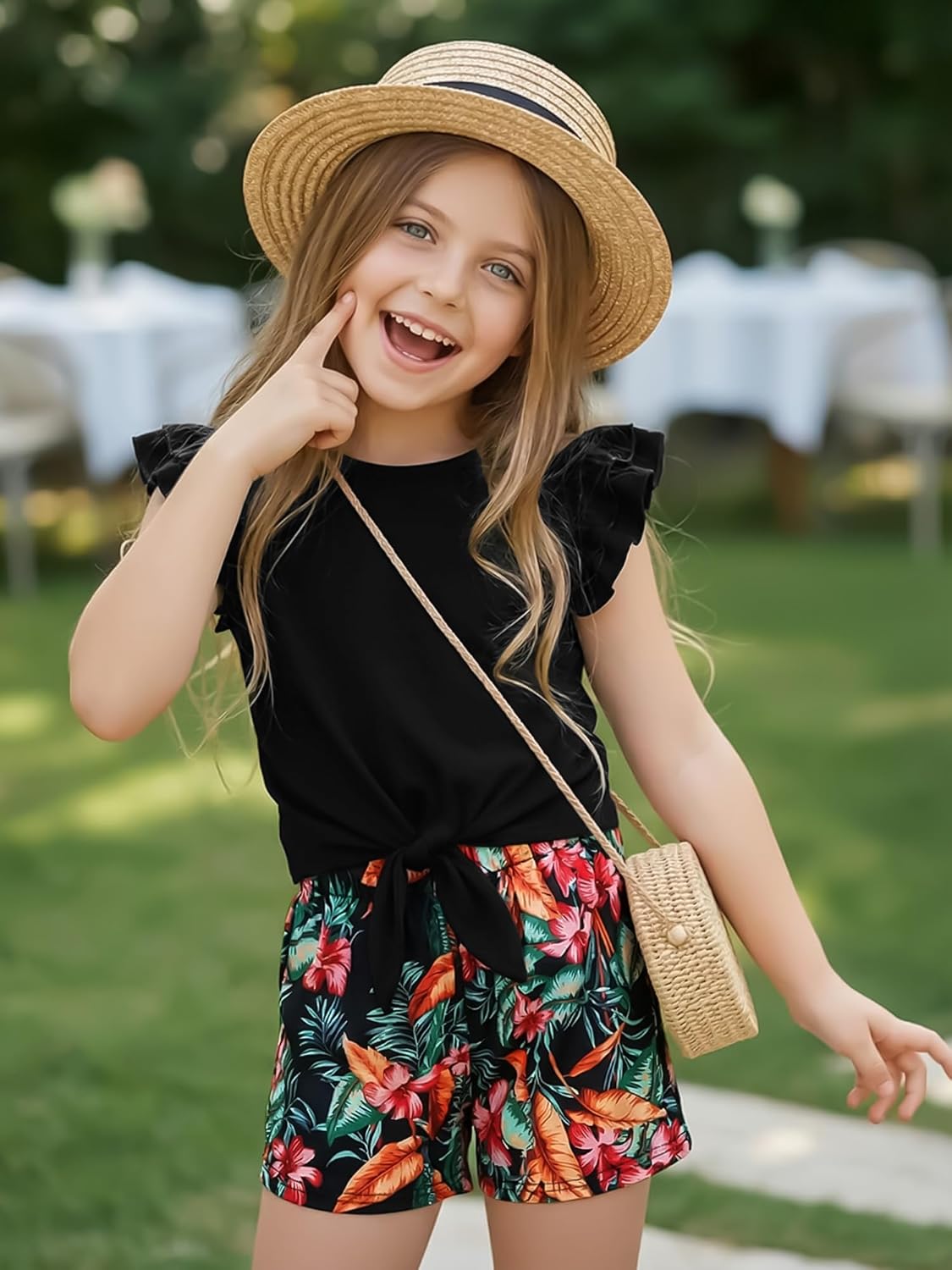 AMAWMW Kids Girls 2 Piece Outfits Summer Clothes Short Sleeve Tie Knot Ruffle Shirts Tops Floral Shorts Sets with Pockets - Image 2