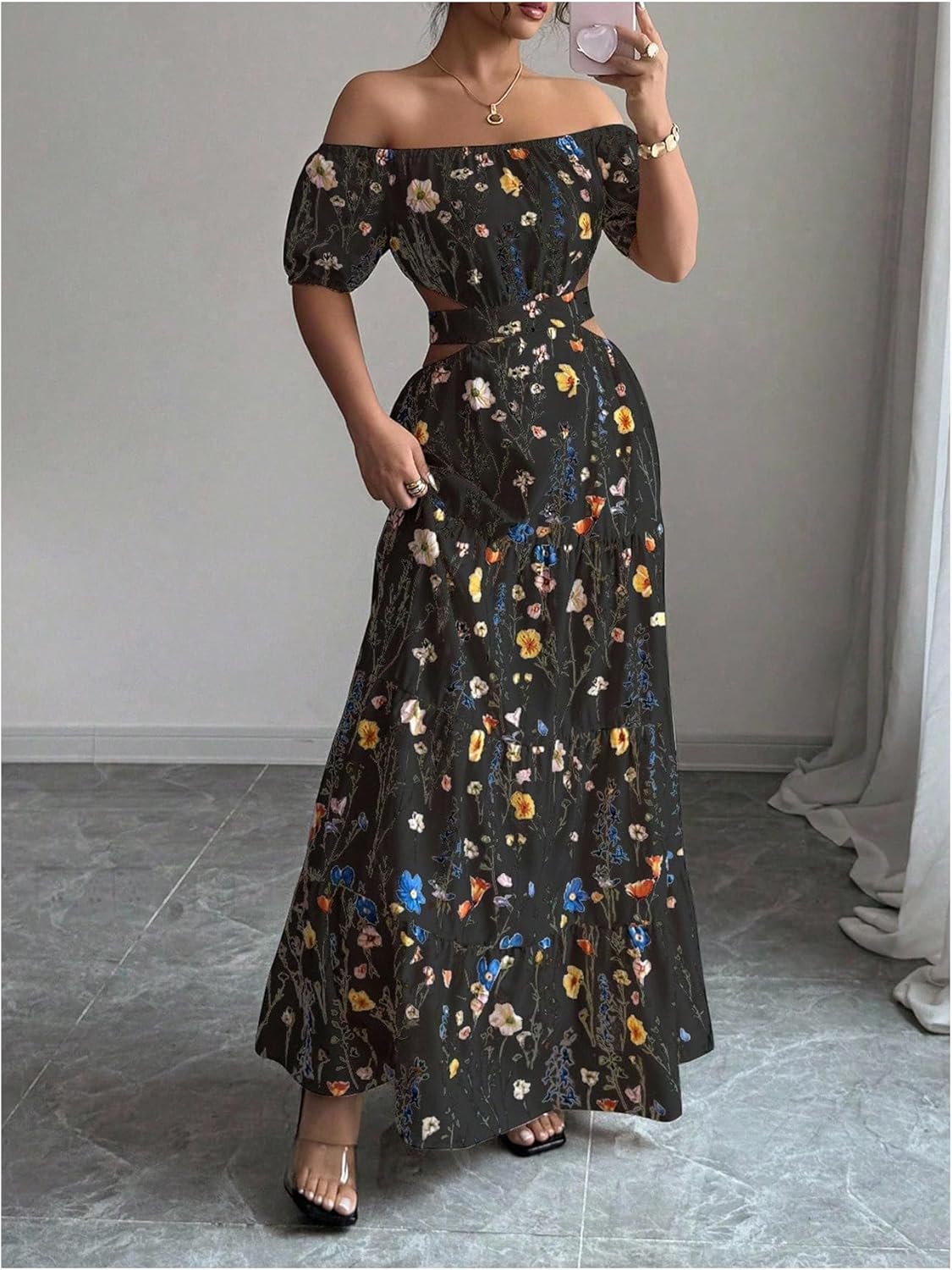 OYOANGLE Women's Floral Print Off The Shoulder Short Sleeve Boho Maxi Dress Cut Out Ruffle A Line Dresses - Image 4