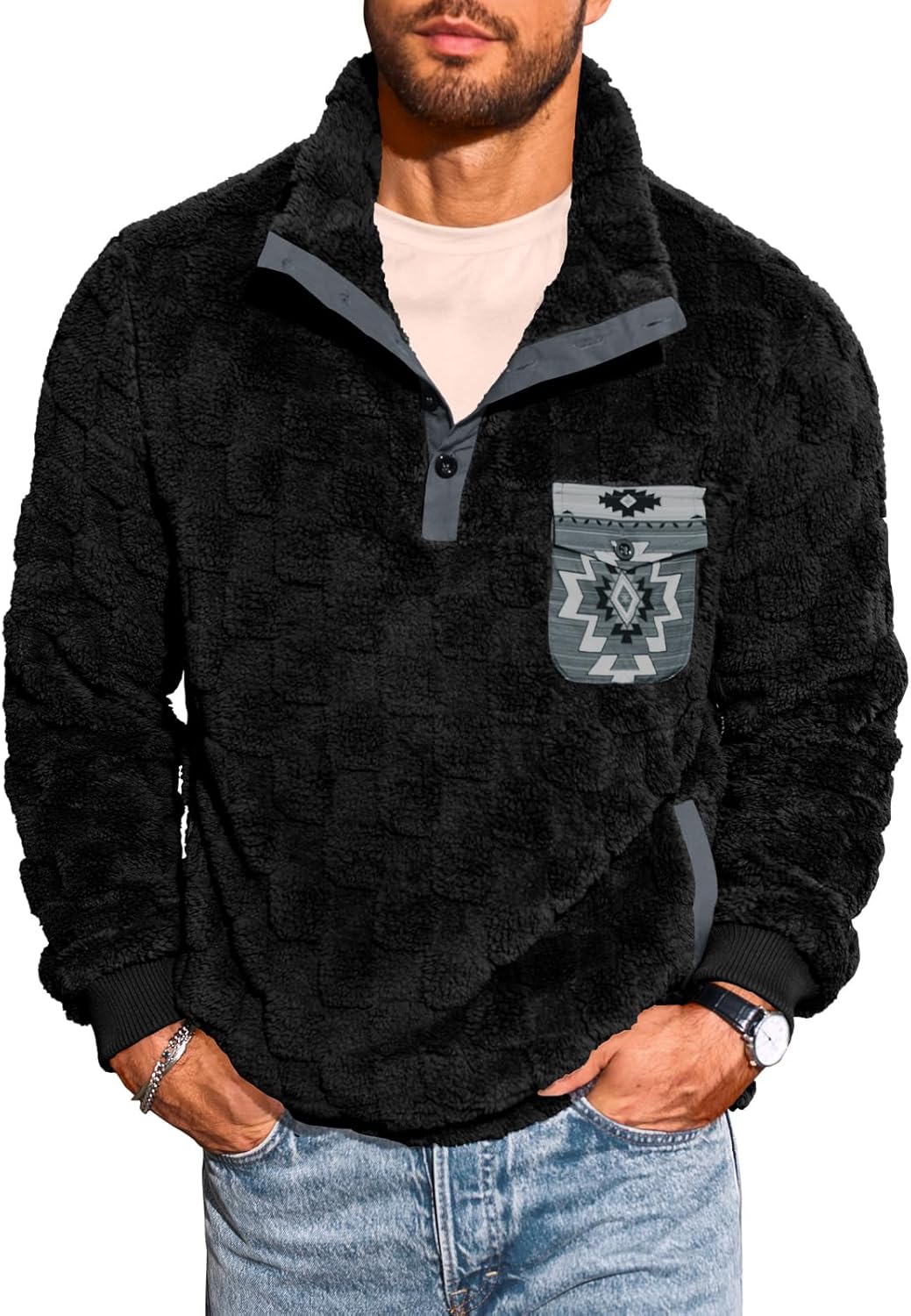 Yousify Mens Fuzzy Sherpa Sweatshirt Flannel Fleece Pullover Jacket Casual Quarter Button Aztec Coat Western Sweaters