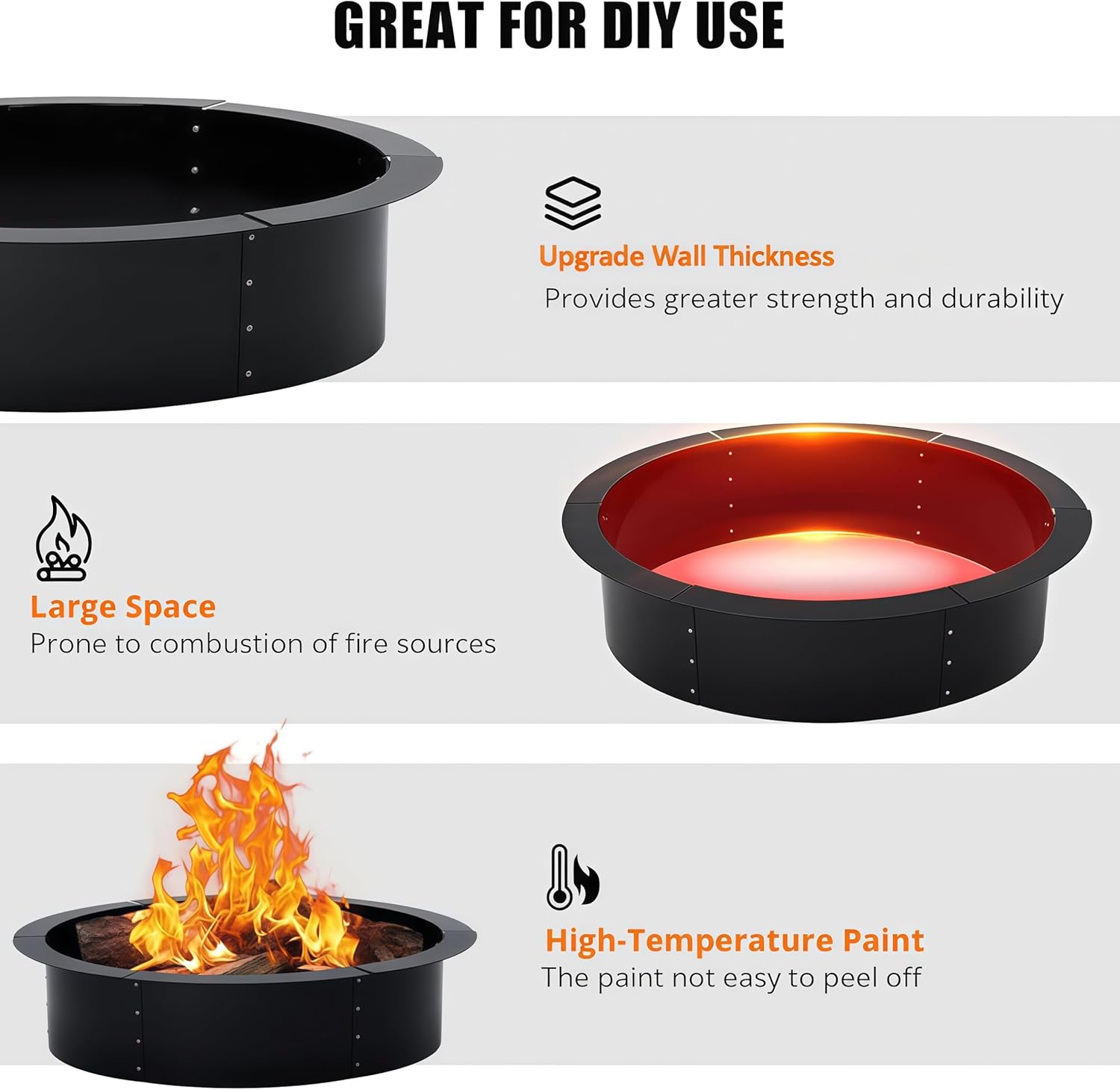 Fire Pit Ring 48 Inch Smokeless Outdoor Fire Pit Heavy Duty Solid Metal Steel Round Rim Insert for DIY in-Ground Campfire Ring Above or Garden Backyard