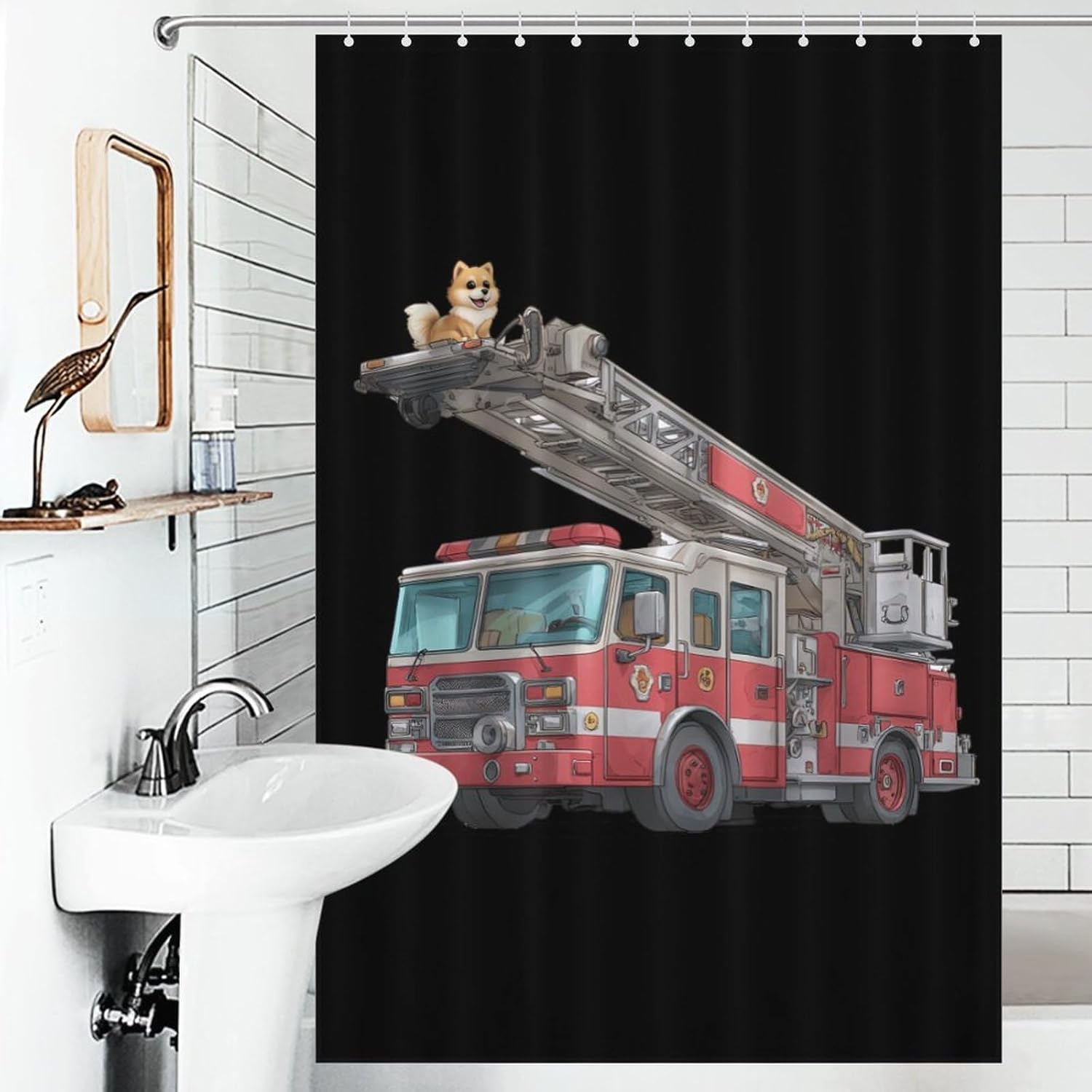 Fire Truck Shower Curtain 46.85x70.87Inch（119x180cm） Polyester Bath Curtain Shower Curtains Printed Decorative