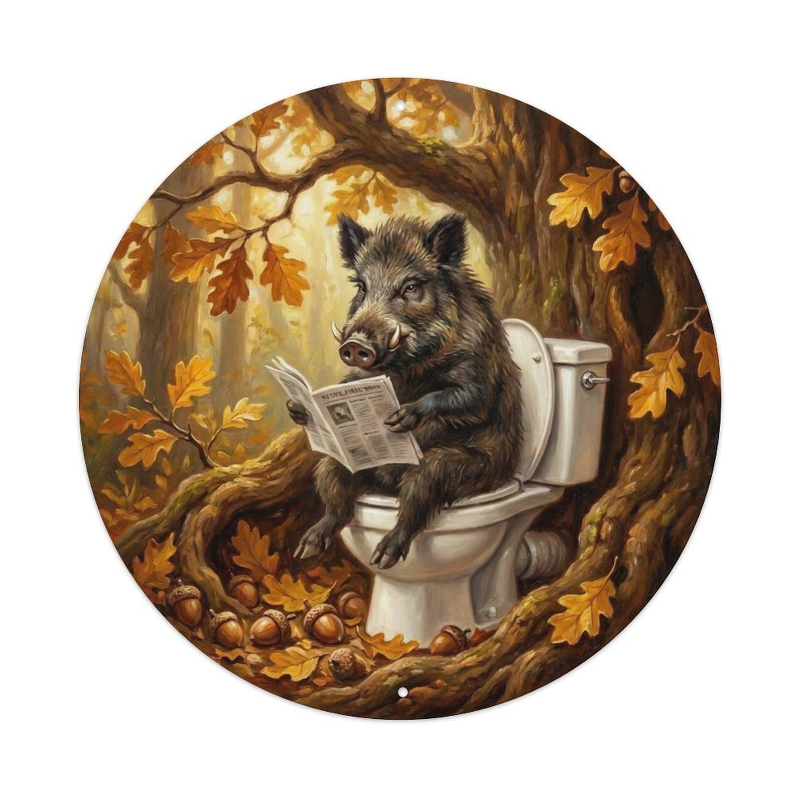 Boar On Toilet Humorous Bathroom Oak Forest Mud Reads Metal Tin Sign