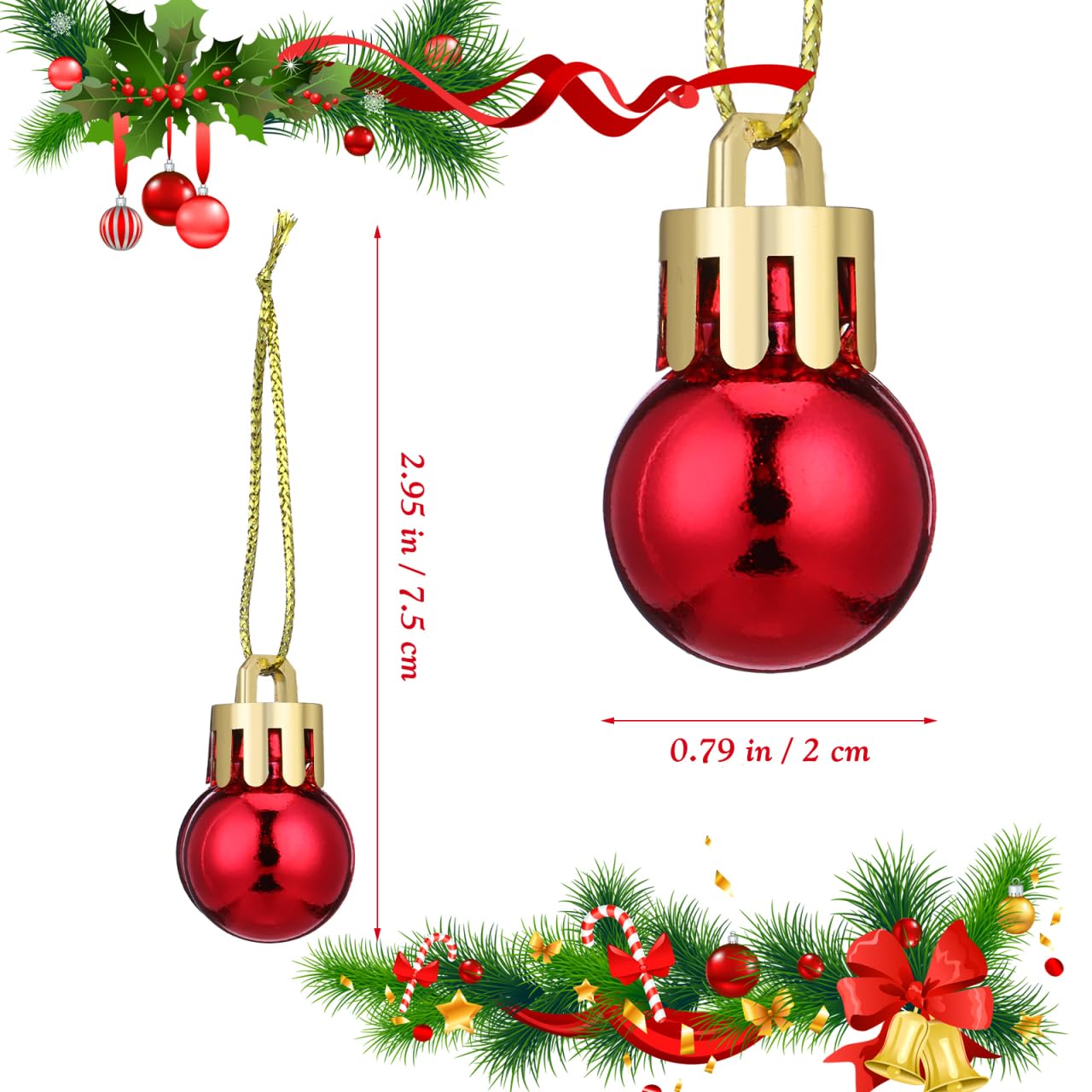 TOPBATHY Lot de 24 Boules de Noël Rouges en Plastique 2 Cm Décoratives et Faciles à Suspendre pour Arbre de Noël et Décoration Intérieure Festive