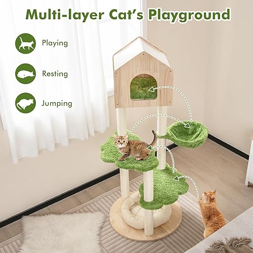 Miniatura 7 de Tangkula Torre de árbol para gatos, torre de madera moderna de varios niveles para gatos con postes rascadores de sisal, plataformas de salto,