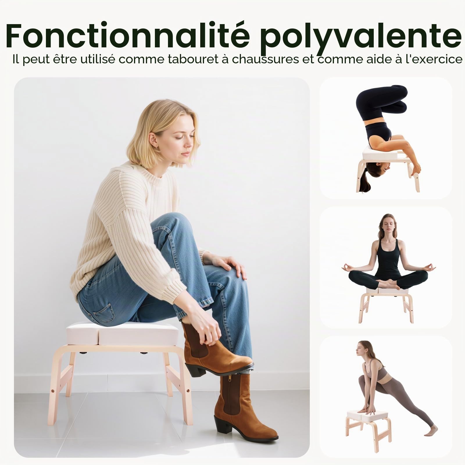 Tabouret de yoga avec cadre en bois et rembourrage en polyuréthane, chaise inversée pour l'équilibre, détend le cou, les épaules, capacité de charge de 200 kg