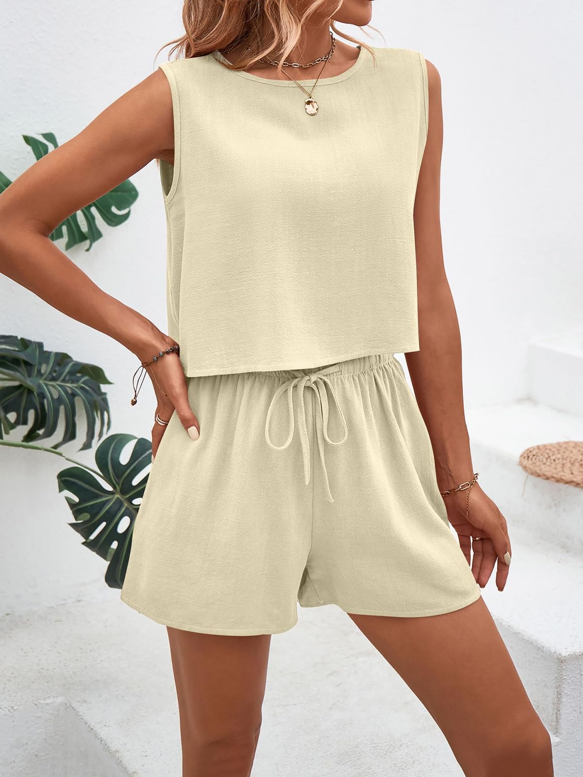 Conjunto Chándales Para Mujer Conjunto Chándale de Verano de sin Mangas Casual para Mujer Conjuntos Deportivo de Verano de Lino Chaleco sin Mangas y Pantalones Cortos de Cintura Alta