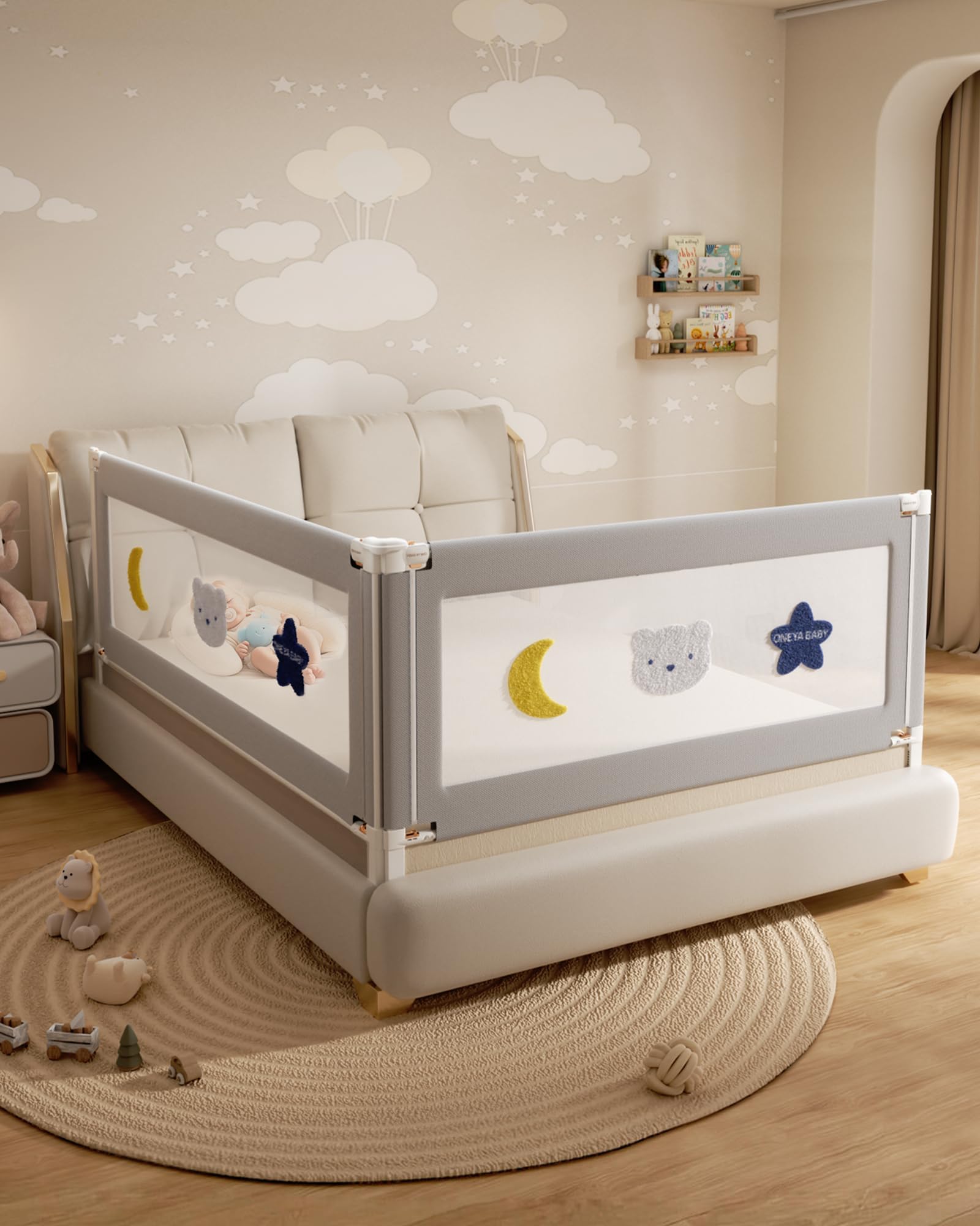 2 Piece Bed Rails for King Size Bed, No-Drill Needed Baby Bed Rail Guard for Toddlers with Height Adjustable, Thickened Child Safety Side Railing Guards/Bedrail for Kids, Grey Star, 74.8x78.7Inches