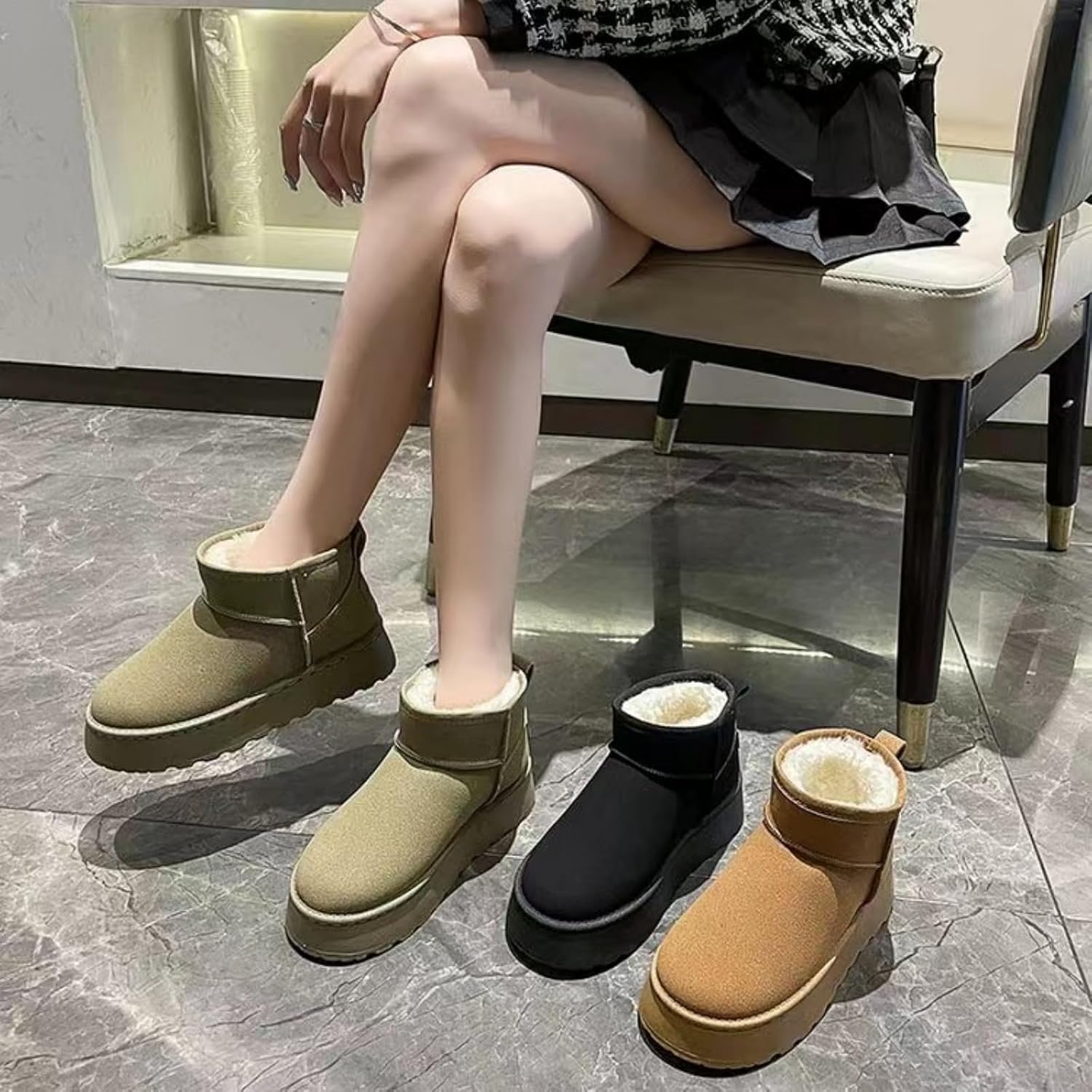 Short Winter Boots for Women - Faux Suede Thick Shoes - Soft Slip-On Boot - Warm Snow Bootie for Cold Weather