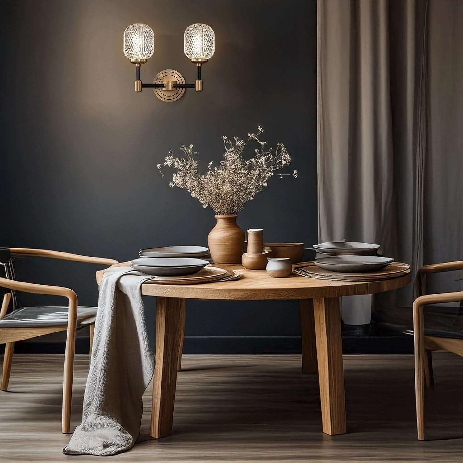 Modern Luxury Wall Sconce Brass Finish & Textured Glass Shade Double Head Wall Lamp for Living Room Bedroom Bedside Hallway Entryway Dining Room Hotel Nordic Accent Decor Lighting Fixture