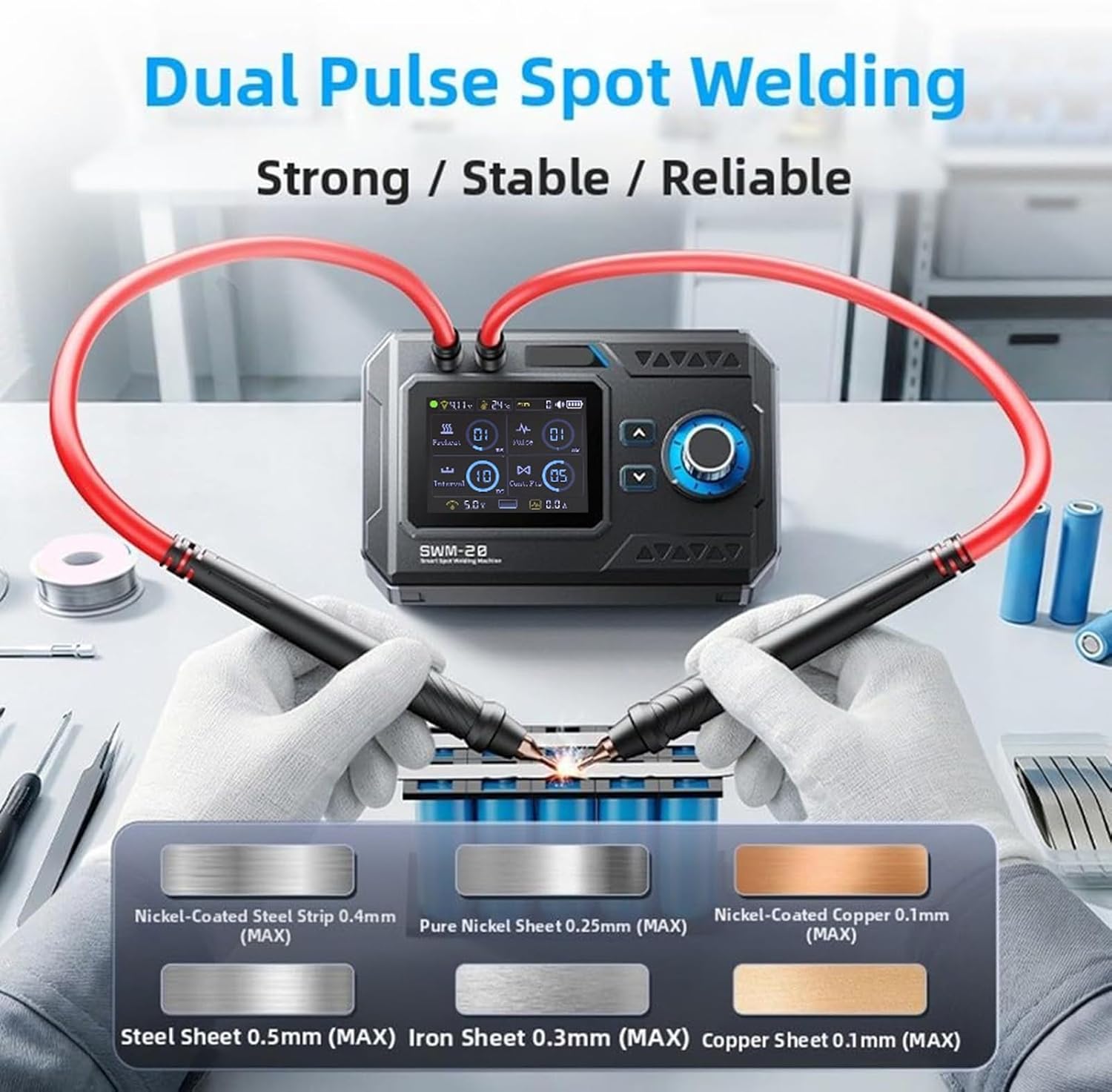 Garosa Battery Spot Welder, Portable 1200A Dual Pulse Welding Machine for DIY Repair with 5000mAh Rechargeable Battery 2.4 Inch TFT Screen ABS 0.1 to 0.25mm Sheets