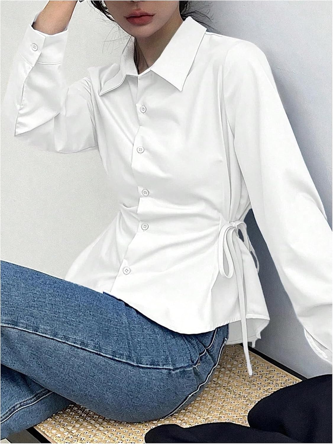 SweatyRocks Women's Button Down Long Sleeve Blouse Side Drawstring Shirt Work Business Tops - Image 3