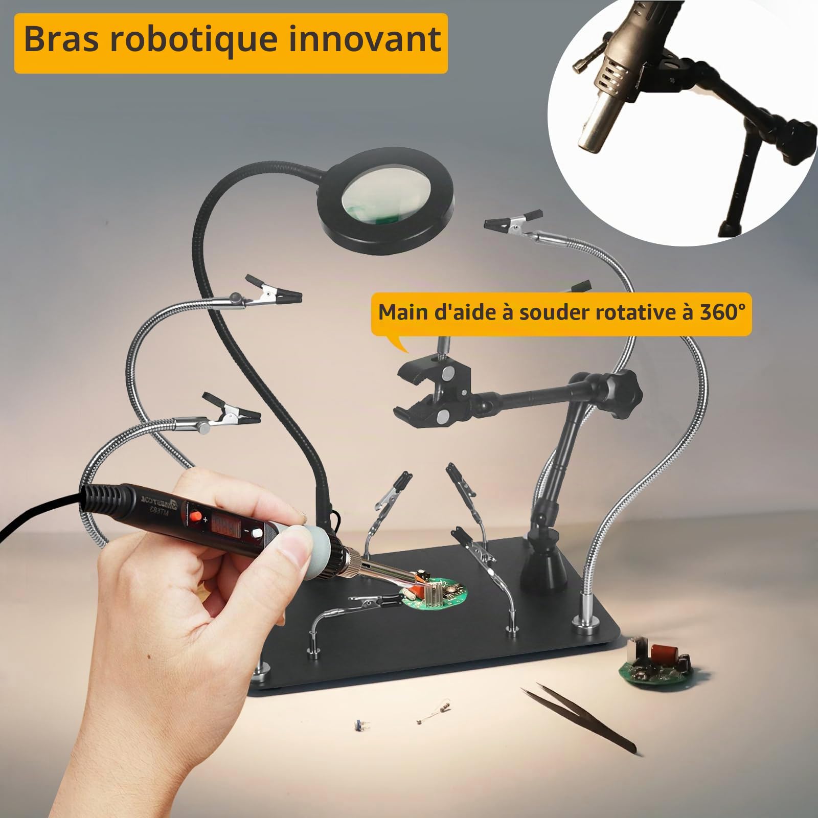 Station de soudage magnétique à troisième main avec 3 loupes, bras mécanique rotatif à 360°, kit d'aide à la soudure pour les amateurs de bricolage, les ingénieurs