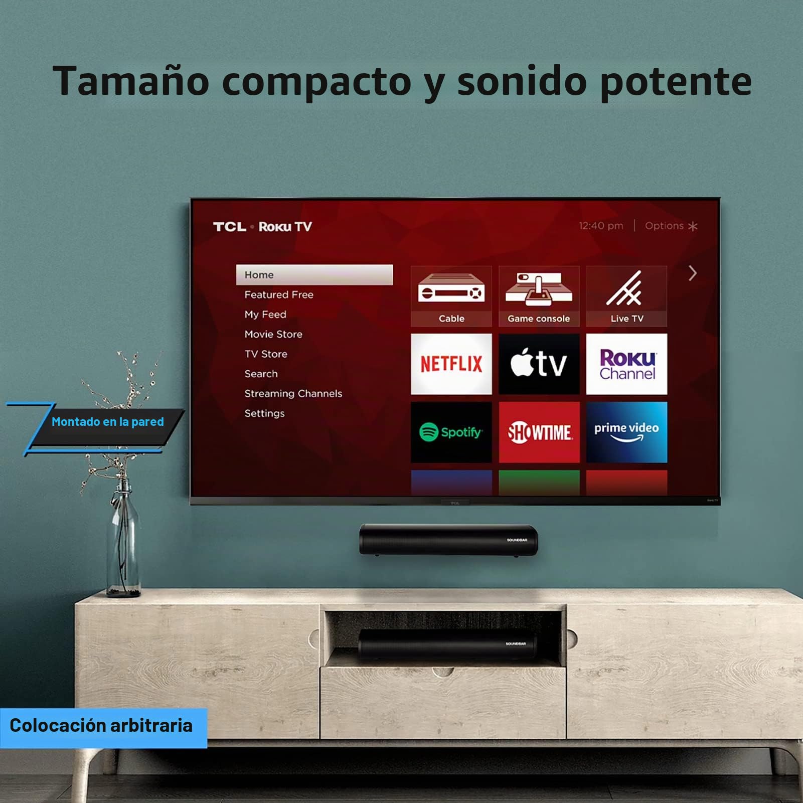 Barra de sonido con soporte para subwoofer inalámbrico, con entrada óptica + puertos AUX + USB + HDMI + RCA y kit de montaje en pared， tres modos de ecualizador apto para uso en ordenador/televisión.