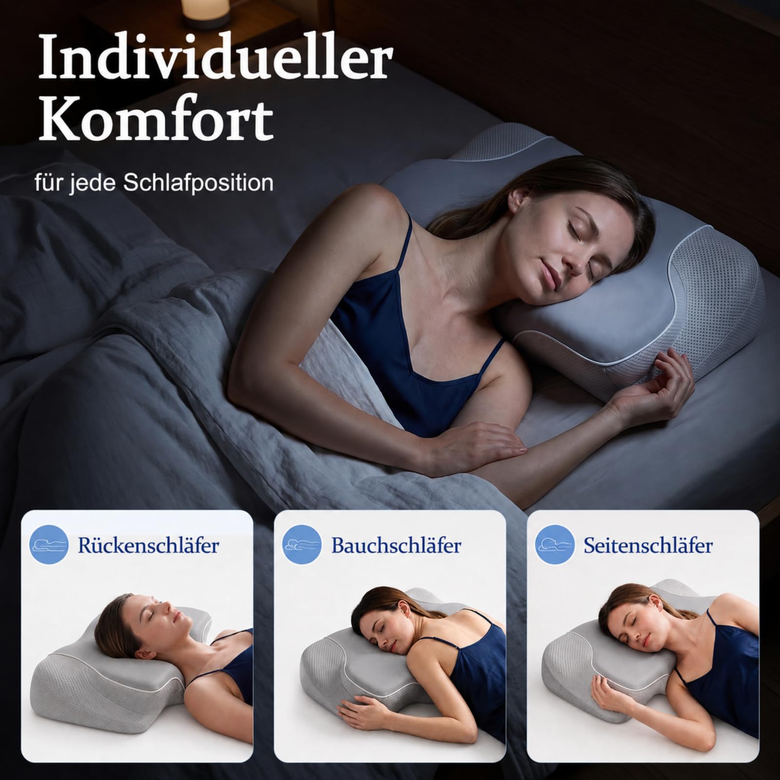 Nackenstützkissen Memory Schaum Ergonomisches Kopfkissen für Seitenschläfer Orthopädisches Schlafkissen zur Nackenentlastung mit 2 Höhen & atmungsaktivem Öko-Tex Bezug
