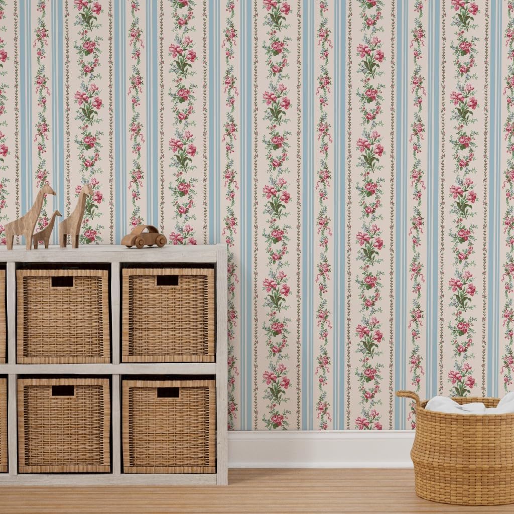 Peel & Stick Wallpaper 3ft x 2ft - Grandmillenial Floral Stripe Pink Cream Blue Shabby Chic Custom Removable Wallpaper by Spoonflower