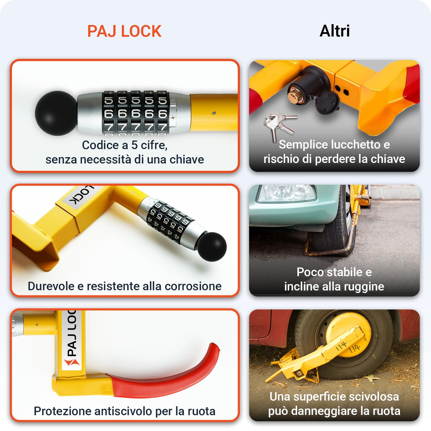 PAJ LOCK Ganascia Antifurto Per Ruote – Blocca Ruota Universale Per Auto, SUV, Furgoni, Moto, Roulotte E Rimorchi - Morsa Serraggio Regolabile Con Lucchetto Di Sicurezza, Robusta, Parcheggio Sicuro