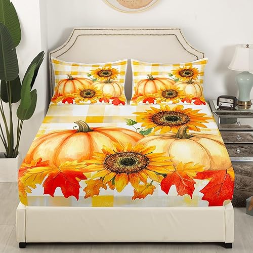 Miniatura 2 de Erosebridal Sábana bajera ajustable de otoño de Acción de Gracias, diseño de calabaza, girasol, otoño, tamaño individual, rústico, a cuadros, juego