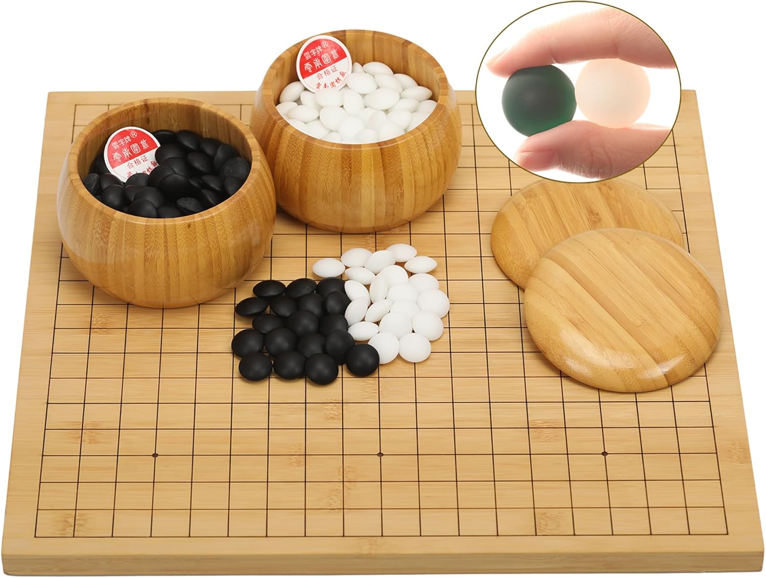 VPH Deluxe Double-Convex Go Set - New Yunzi Stones with 0.8" Thick Bamboo Reversible Board & Dual Bamboo Jars