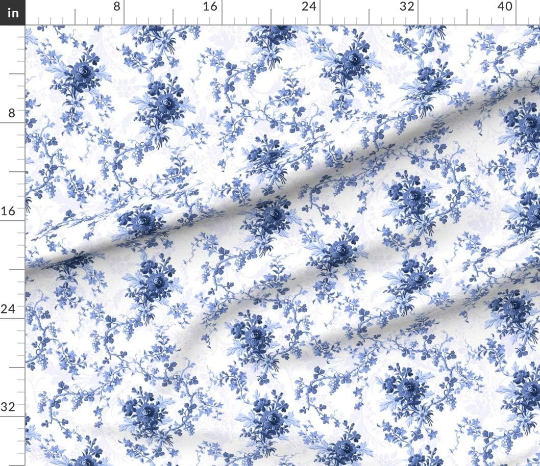 Spoonflower Fabric - Ink Navy Blue White Roses Flowers Chinoiserie Vintage Floral Summer Printed on Petal Signature Cotton Fabric by The Yard - Sewing Quilting Apparel Crafts Decor
