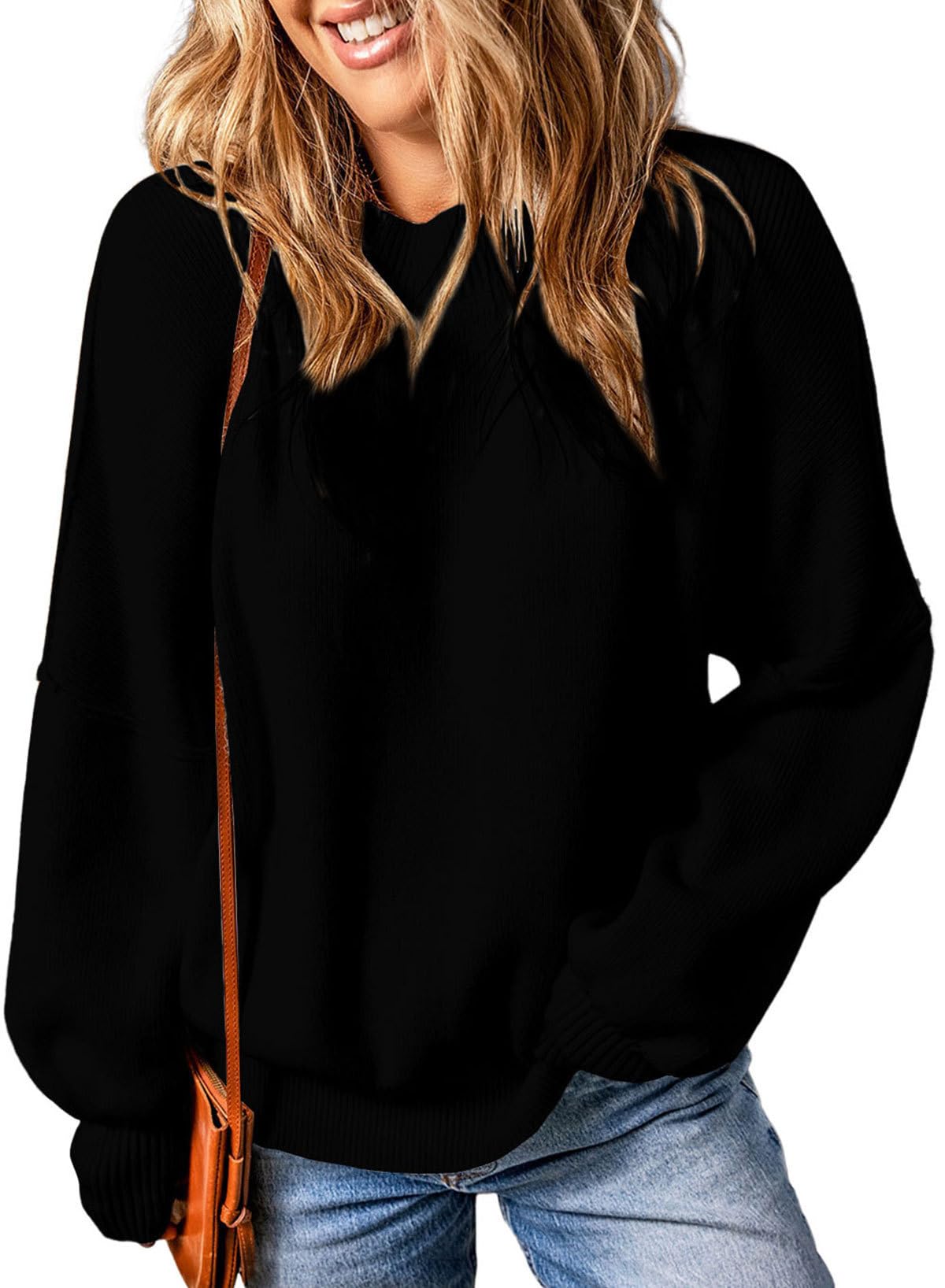 EVALESS Fall Sweaters for Women Teacher Outfits Winter Clothes for Women Fahison 2023 Oversized Sweatshirts Crewneck Chunky Sweater Cable Knit Tops Black Sweater Cute Pullover Sweaters, Medium