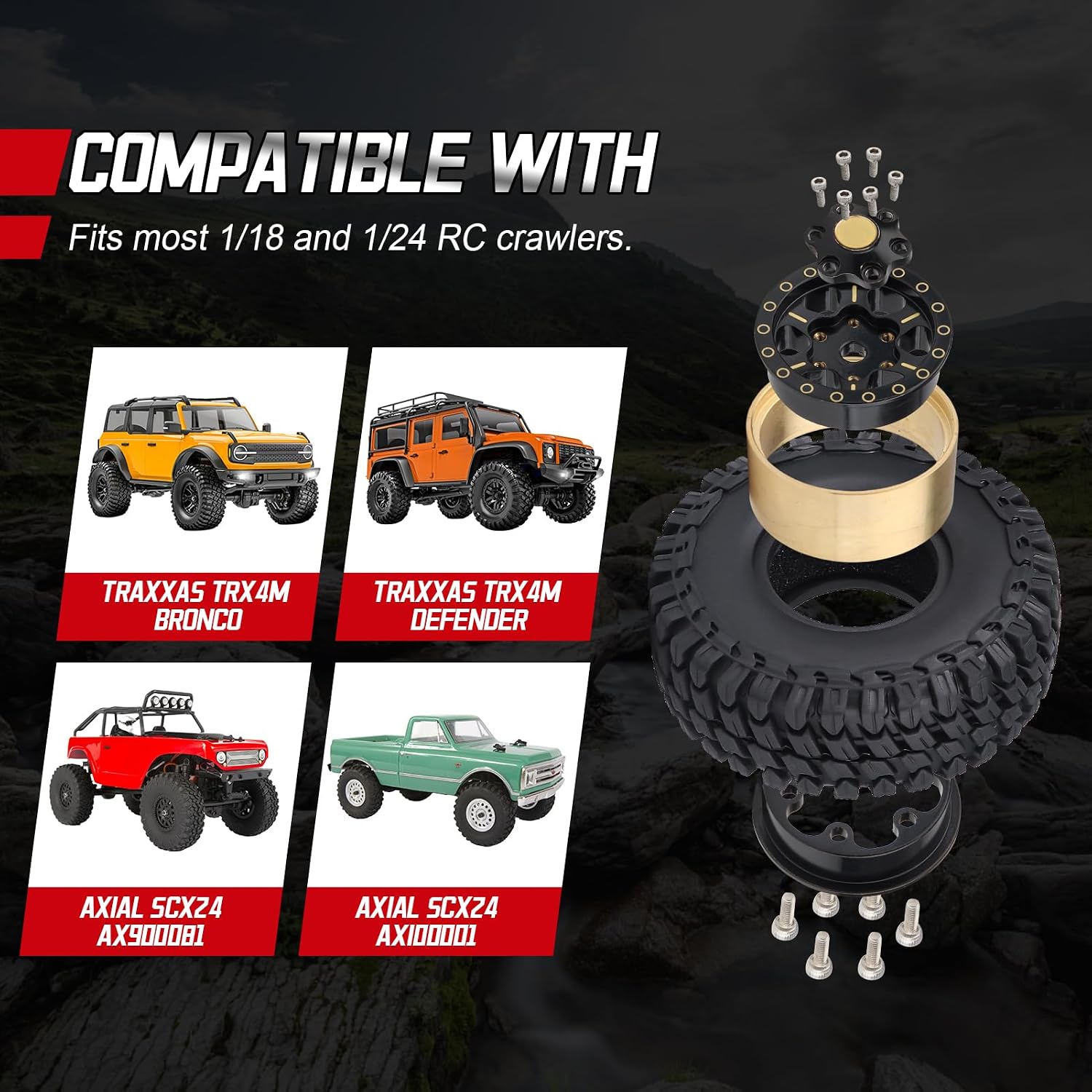 HobbyPark Brass 1.0 Beadlock Wheels and Tires for Traxxas TRX4M Upgrades Parts Axial SCX24 1/24 RC Crawler Replacement (4-Pack) (Tpye D)