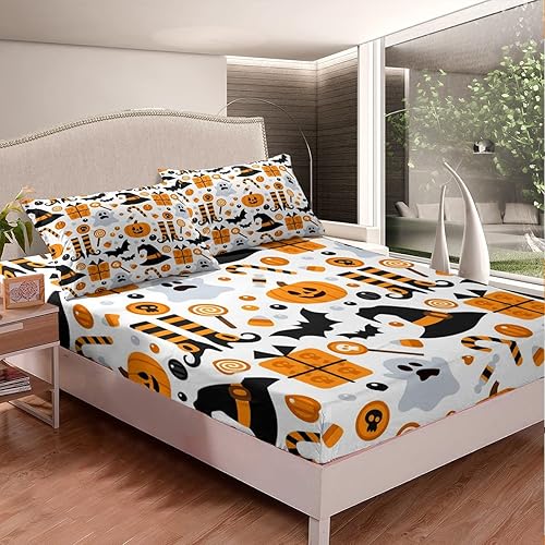 Vista 70 de Juego de sábanas bajeras con bonito diseño de gato negro para niños y niñas, diseño de dibujos animados de Halloween, gato, animales, sábanas