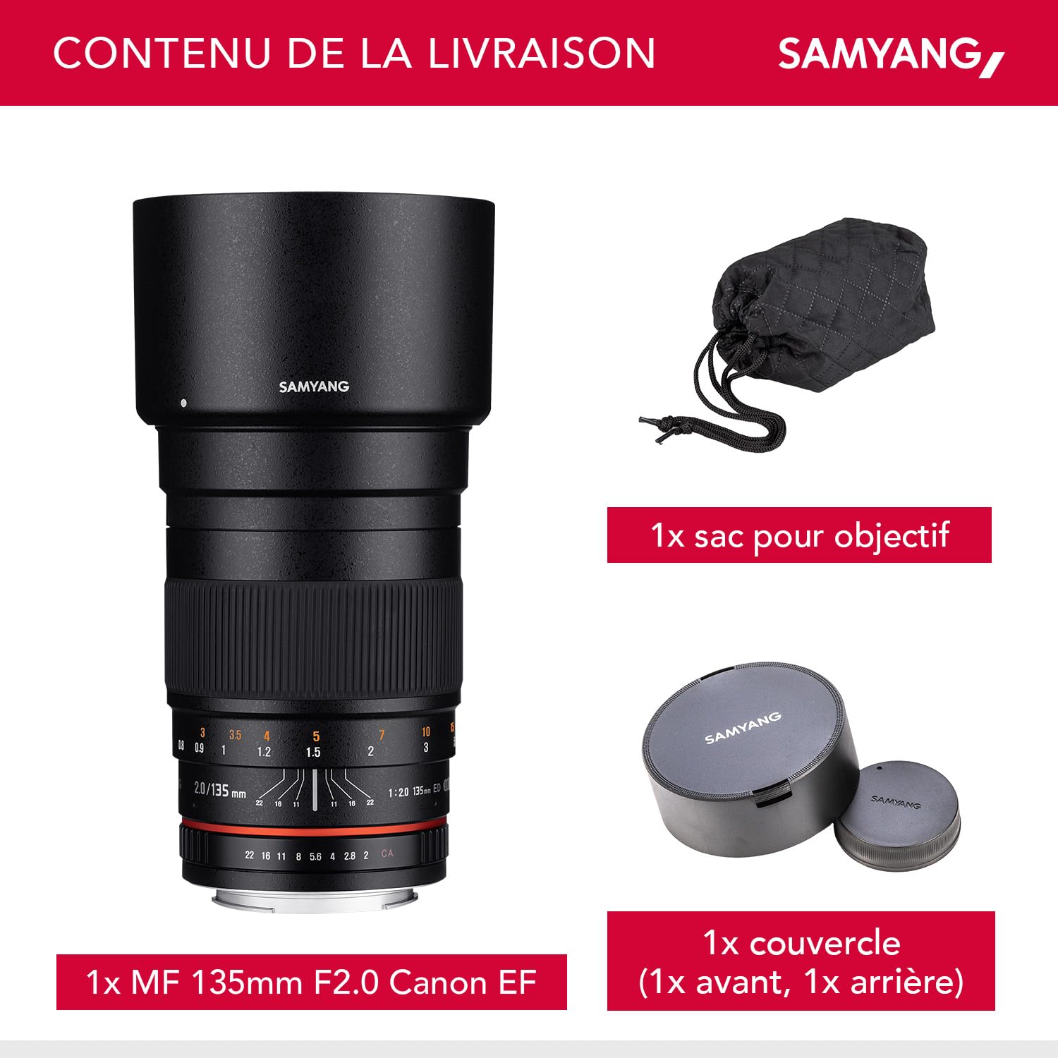 Samyang 135 mm F2.0 pour Canon EF - Plein format et téléobjectif APS-C à focale fixe pour appareil photo Canon avec monture EF/EF-S, mise au point manuelle