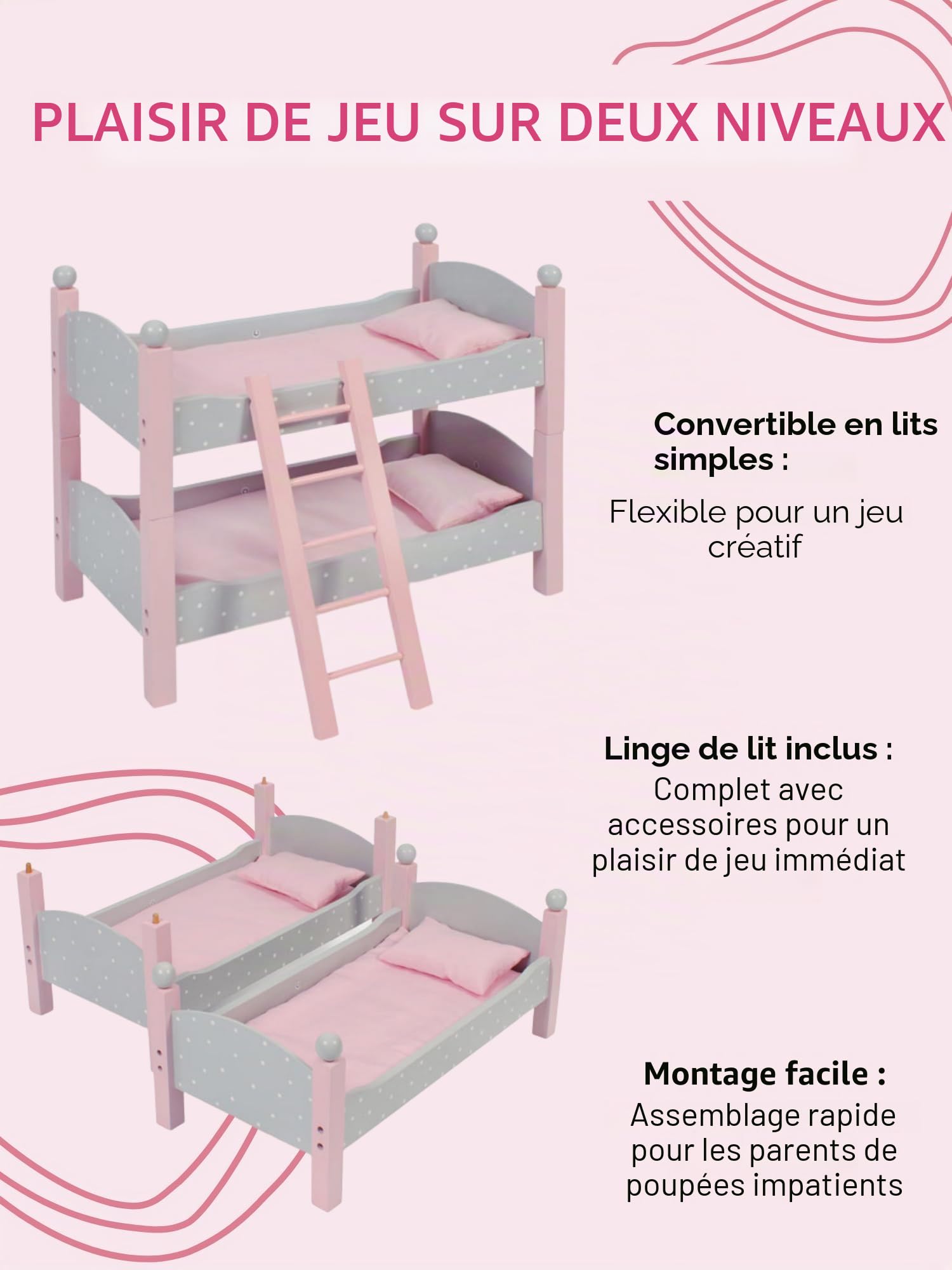 Bayer Chic 2000 513 91 Lit superposé pour poupée 3 Ans à 8 Ans Gris Puntos Grey Petit modèle
